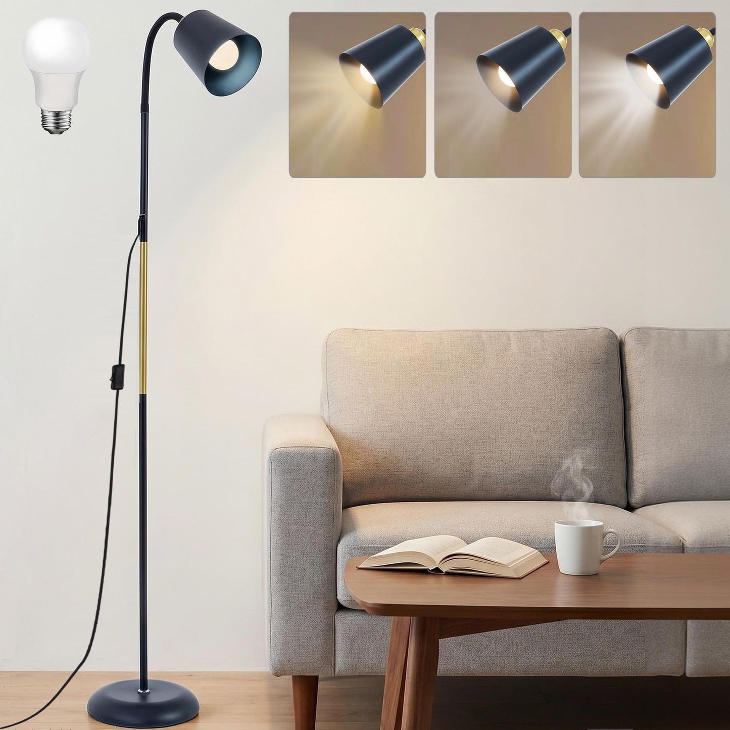 Floor Reading Lamp, Industrial Metal Standing Lamps with Adjustable Bendable 2 in 1 Table Lamps for Living Room Bedroom Office, 12W Bulb Included (Black)