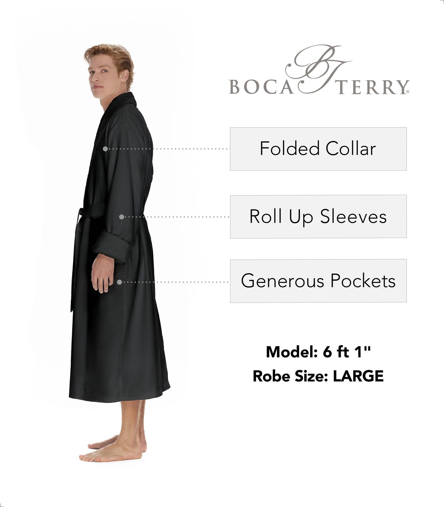 Boca Terry Mens Plush Robe, Big & Tall Bathrobe for Men, Warm Luxury Microfiber Robe - Medium, Black