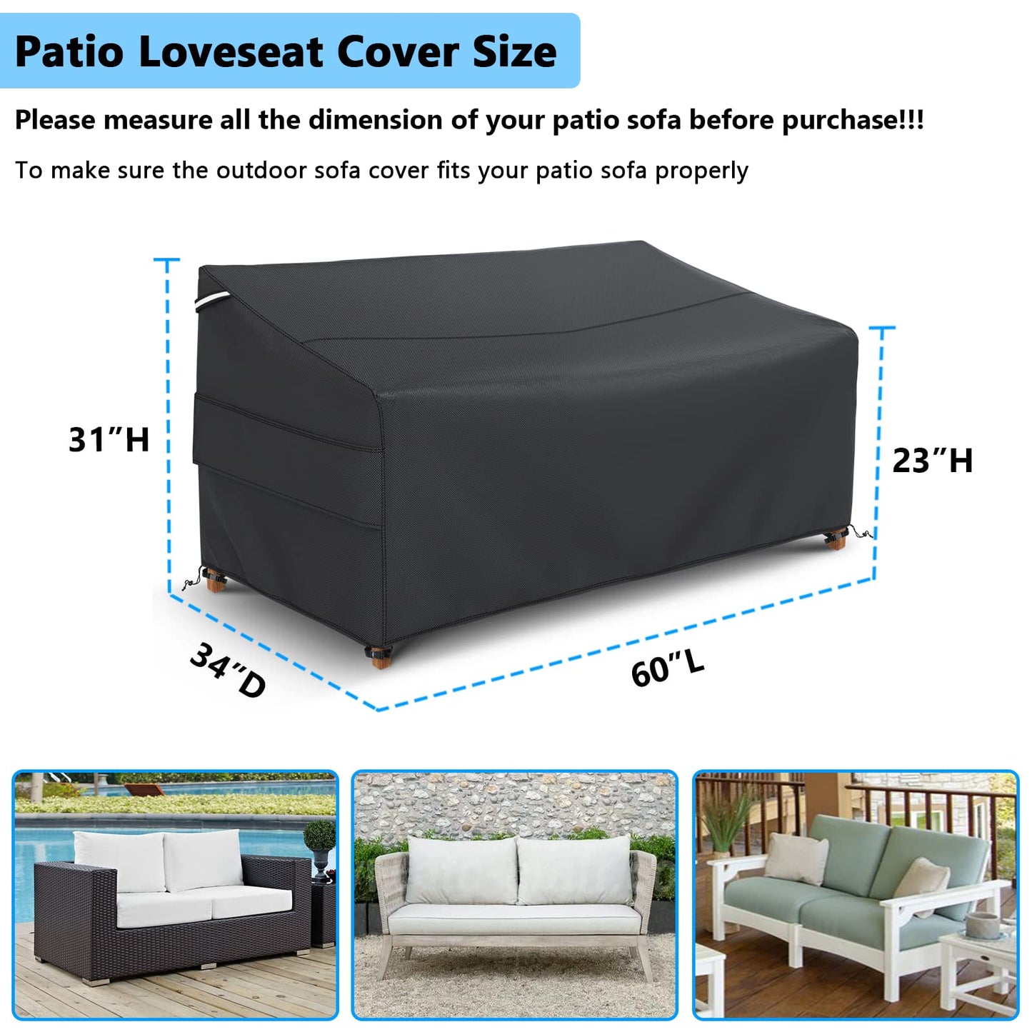 Gasadar Patio Sofa Cover Waterproof for 2-Seater Outdoor Sofa Loveseat and Furnitures,Heavy Duty Outdoor Couch Covers, Anti UV and Dustproof, 60" L×34" D×31" H, Black