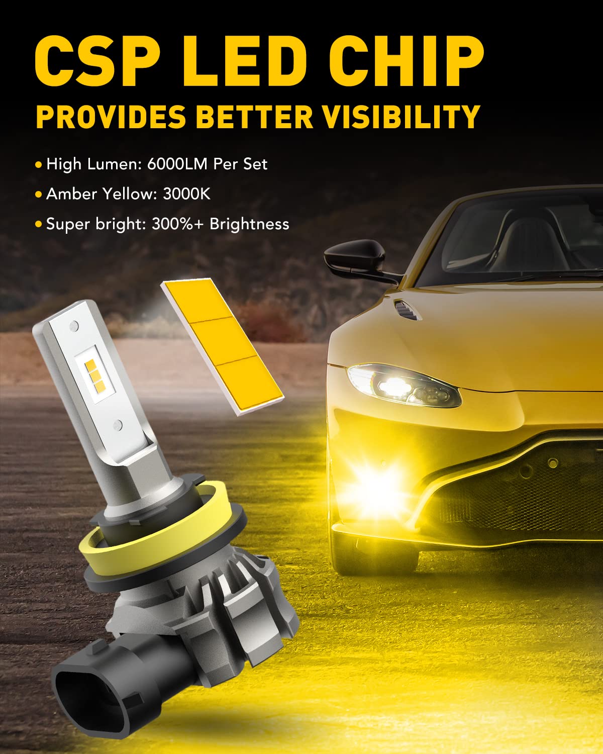 AUXITO H11/H8/H16 LED Fog Light Bulbs, 6000 Lumens 3000K Amber Yellow Light, 300% Brightness, CSP LED Chips Fog Lamps or DRL Replacement for Cars, Play and Plug, Pack of 2
