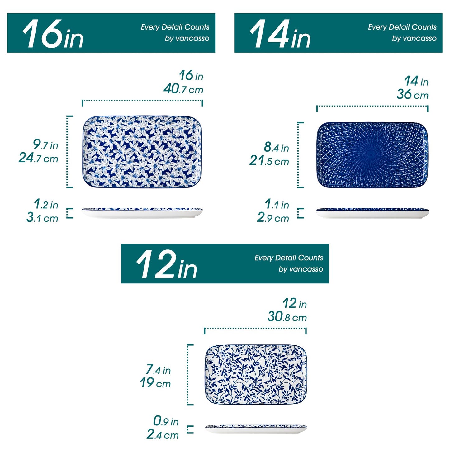 vancasso Porcelain Serving Trays for Party, Serving Platters Set of 3,Serving Dishes for Entertaining, Ceramic Party Trays and Platters for Serving Food, 16"/14"/12" Inch, Series Selene
