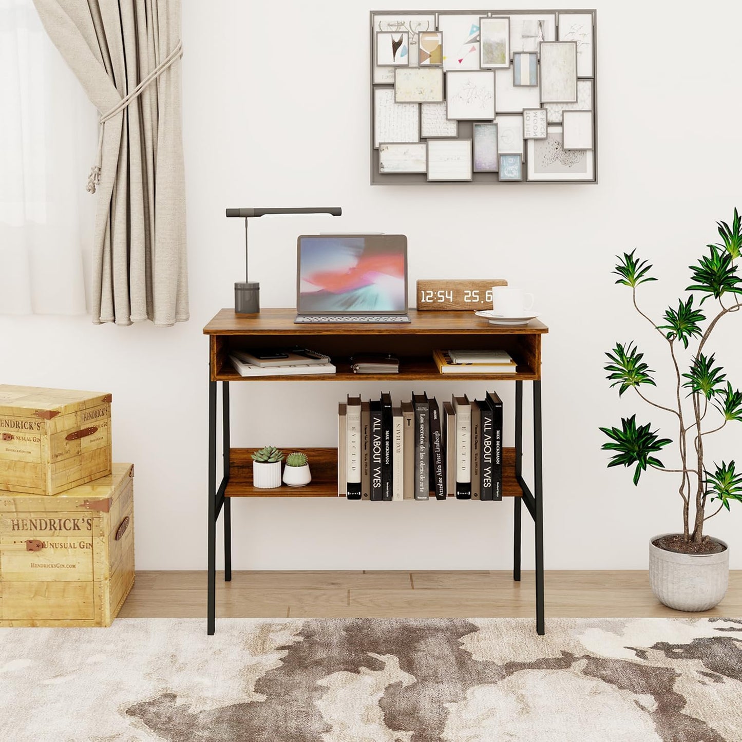 Computer Desk, Small Office Desk, Bureau Gaming Desk, 31.5 inch Study Table, Sit Stand Desk with Drawers, Bureau de Bureau de Travail, Rustic Brown Wood Desk with Black Metal Frame
