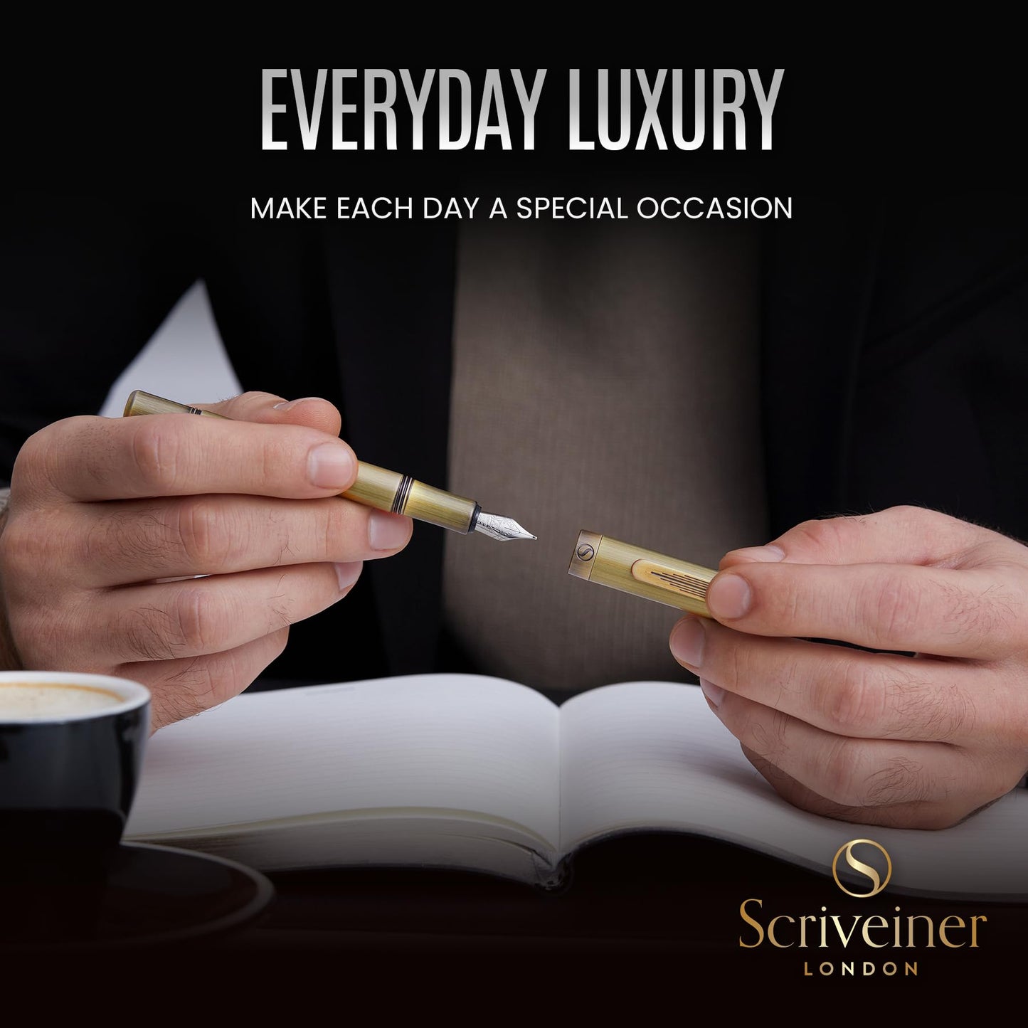 Scriveiner Luxury EDC Fountain Pen (Medium), Stunning Heavy Brass Pocket Pen, Hand Brushed Finish, Schmidt German Nib Converter, Best Writing Pen Gift Set for Men Women, Nice Fancy Designer Pen