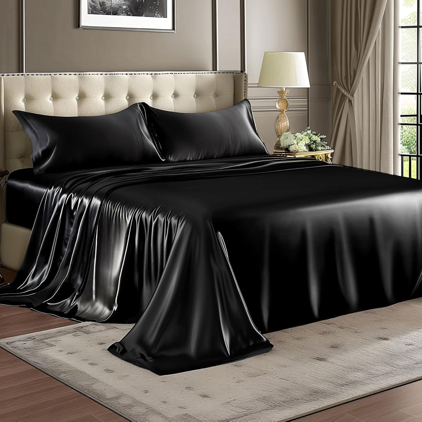 BEDELITE Satin Sheets Queen Size Bed Set, Luxury Soft Black Silk Sheets for Hair and Skin, Similar to Silk Bed Sheets Set 4 Pieces with 1 Deep Pocket Fitted Sheet, 1 Flat Sheet, and 2 Pillowcases