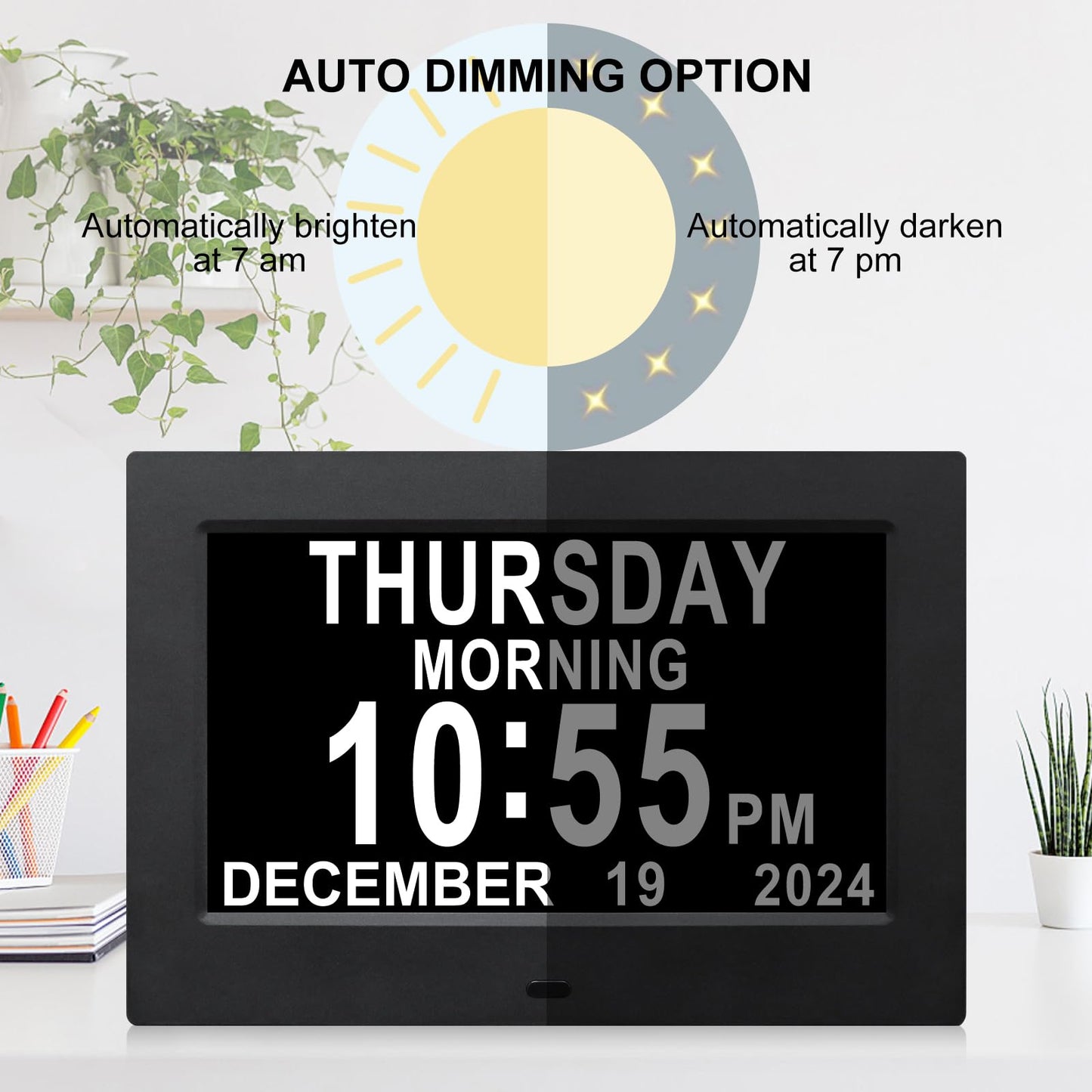 Johnziny Digital Day Clock 7 Inch,Calendar Clocks,Dementia Clocks for Seniors,with Day and Date for Elderly,12 Alarms Option,Auto Dimmable,Large Number Digital Clock with Large Display (Black)