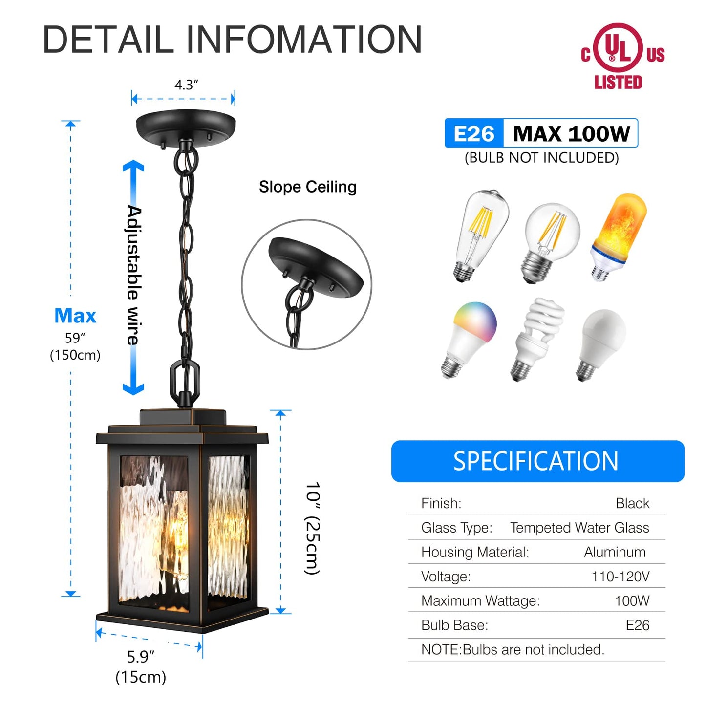 VIANIS Outdoor Pendant Light Fixture, Farmhouse Exterior Hanging Lights with Adjustable Chain, Anti-Rust Aluminum Frame with Temperate Water Glass, Hanging Lantern for Front Door Ceiling Entry Porch