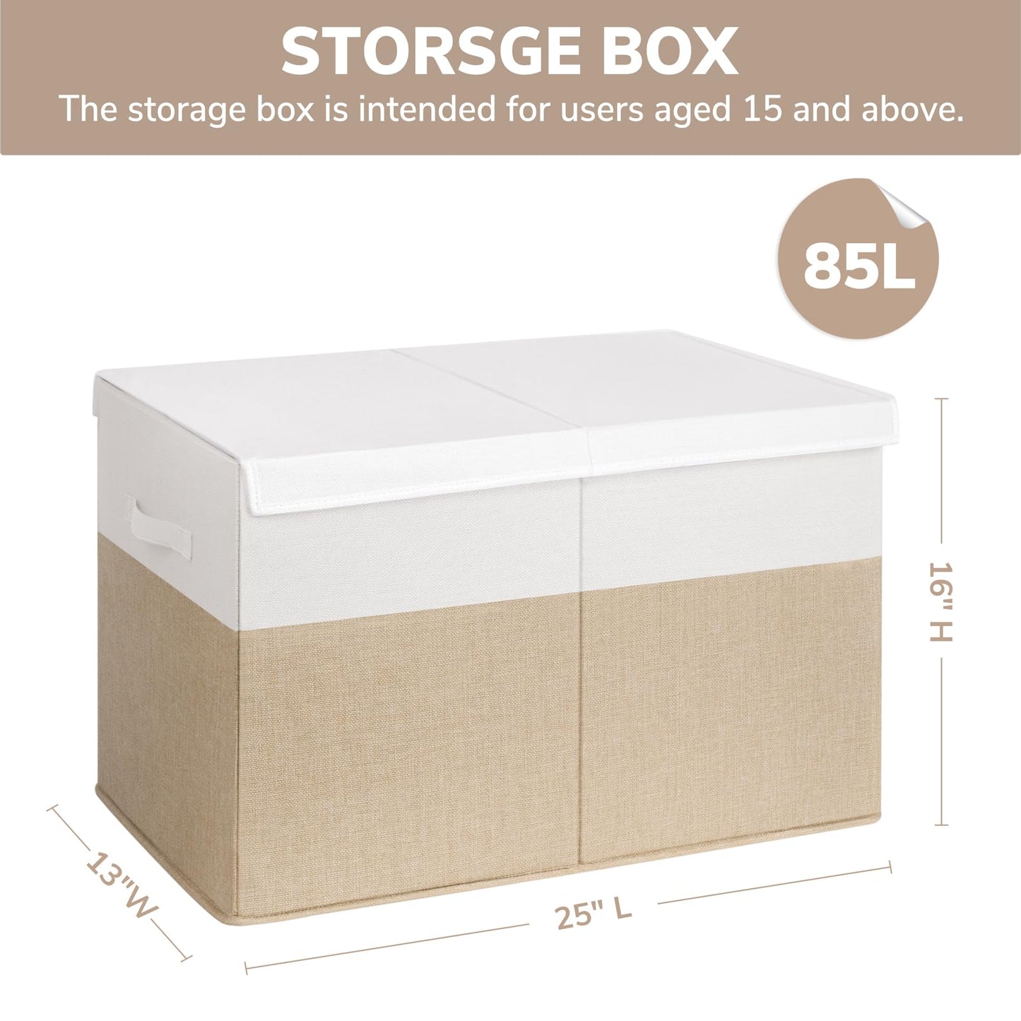INDRESSME 25"x13"x16" Large Storage Box, Collapsible Bins with Lids, Chest for Living Room, Storage Baskets for Blankets, Books, Clothes (Beige & White)