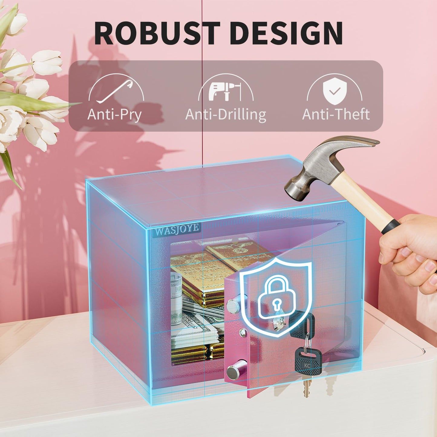 WASJOYE Home Cabinet Safe Box, Key Lock Coffre Fort High Security Safety Box, Safes for Home Office Hotel, Cabinet Safe Box for Money Cash Jewelry Medicine Passport (0.5 Cu Ft, Pink)