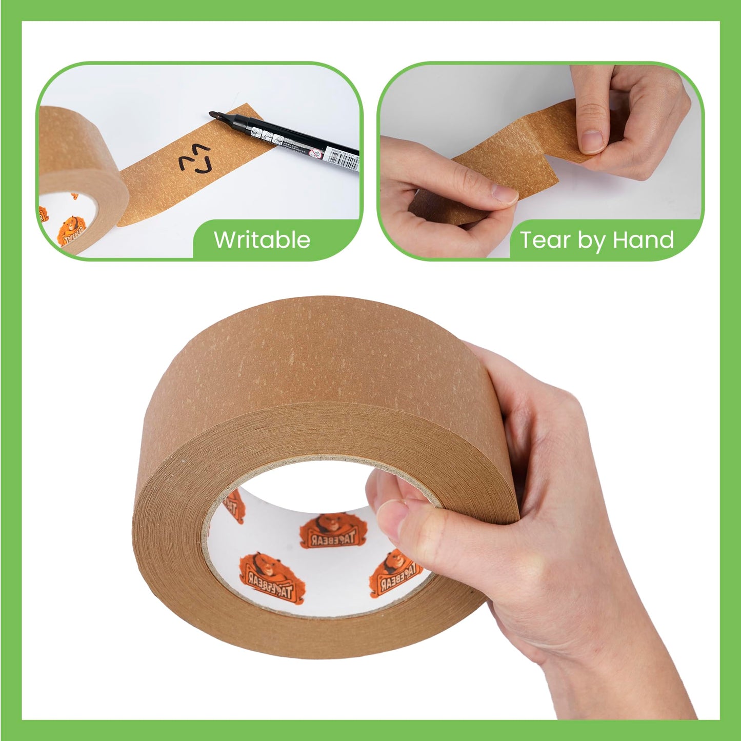 TAPEBEAR Eco-Friendly Kraft Paper Tape, Biodegradable Heavy Duty Packing Tape 50mm x 50m, Recyclable Packaging Tape Self Adhesive Box Tape for Shipping, Sealing, Moving & Masking, 12Rolls
