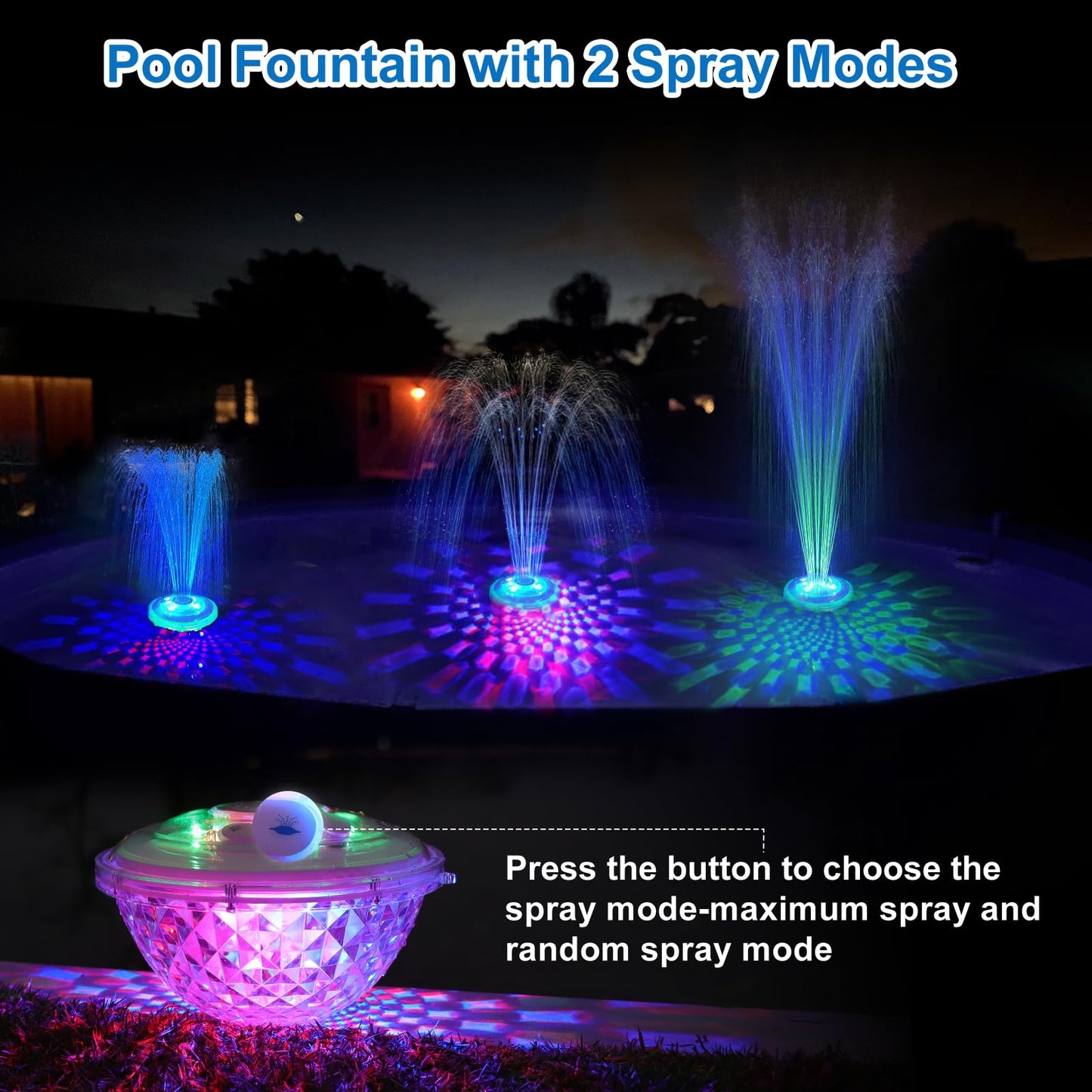 LanAqua Floating Pool Fountain with Underwater Light Show,Pool Water Fountain Rechargeable Battery Powered,2 Spray Modes Pool Fountain Pump,Pool Fountains for Inground Above Ground Pools-1PC