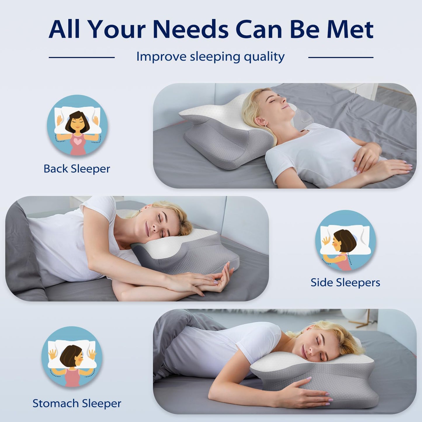 HOMCA Cervical Pillow for Neck Pain Relief, Ergonomic Neck Support Pillows for Sleeping, Memory Foam Bed Neck Pillow for Back Stomach Side Sleepers with Breathable Pillowcase