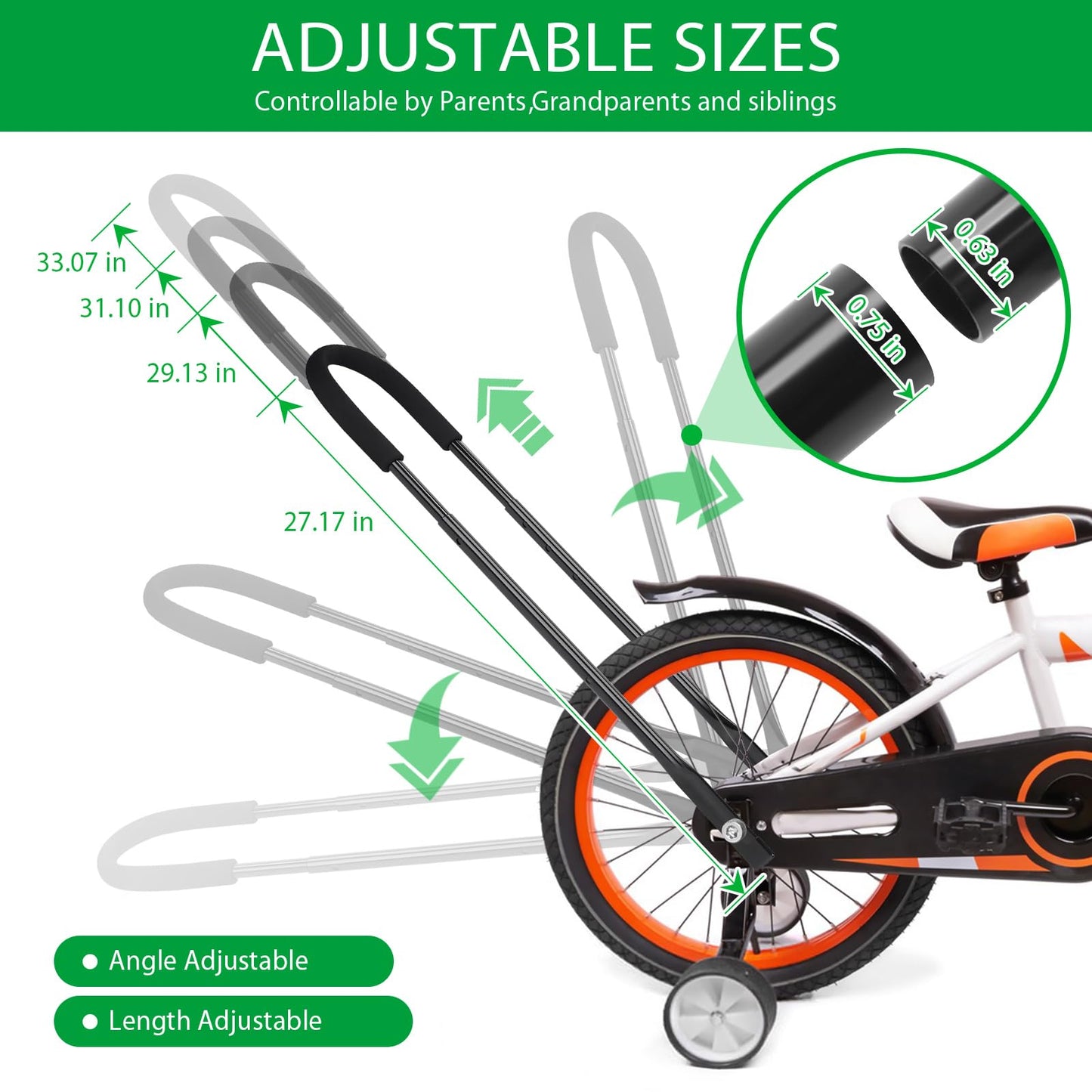 Upgrade Bike Training Handle, Extended 27"-33" Multi-Position Adjustable Children Bike Trainer Balance Push Bar for Kids Learning to Ride (4-Level Height Settings)