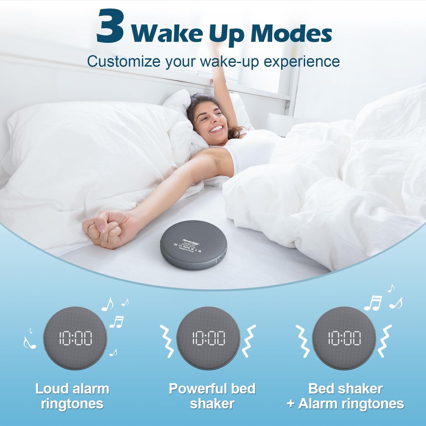 REACHER 2-in-1 Unified Loud Bed Shaker & Vibrating Alarm Clock for Hearing Impaired/Heavy Sleepers/Teens, Wireless Magnetic Charging, Adjustable Volume, Auto Dimmer, Snooze, Battery Powered, Portable