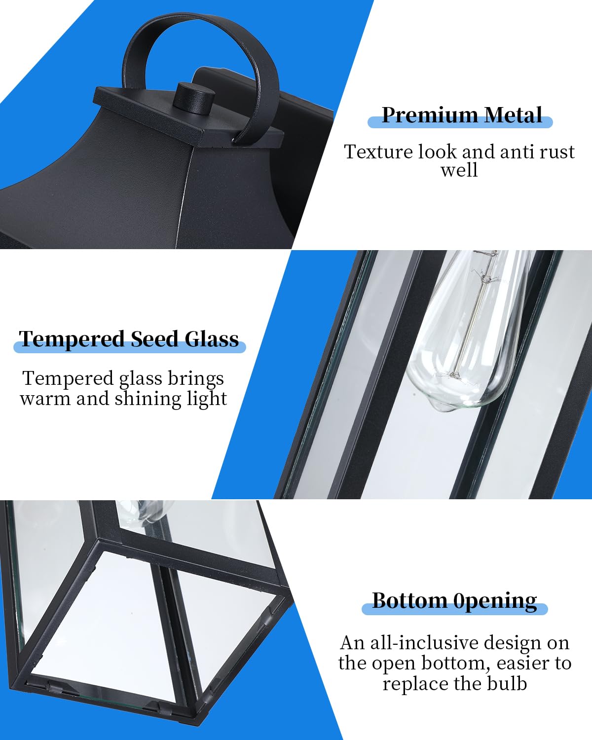 15.2'' Outdoor Light Fixtures Wall Mount 2 Pack, Black Exterior Wall Sconces Large Outside Lights for House, Waterproof Wall Lantern Black Wall Lamp Anti-Rust with Glass for Patio, Porch, Garage