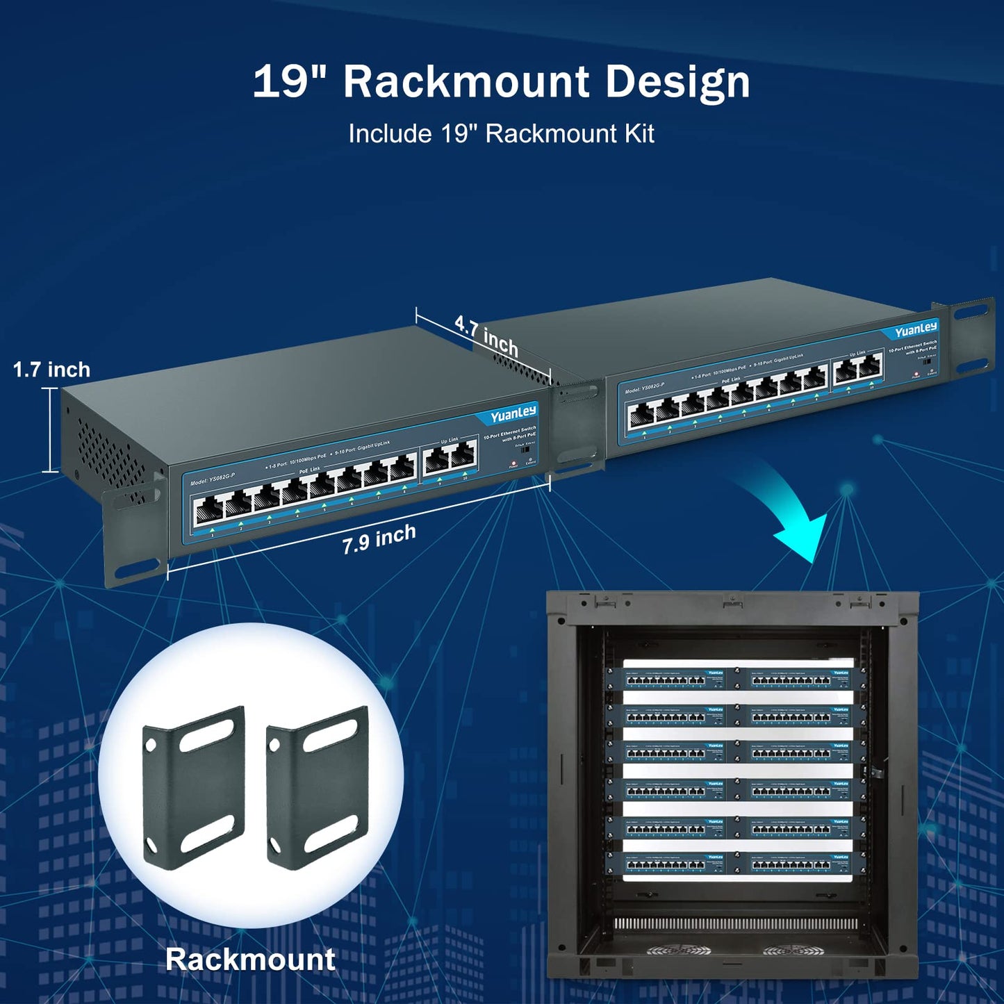 YuanLey 10 Port PoE Switch, 8 PoE Port 100Mbps, 2 Uplink Gigabit, 120W 802.3af/at, Extend Function, Metal Fanless Unmanaged