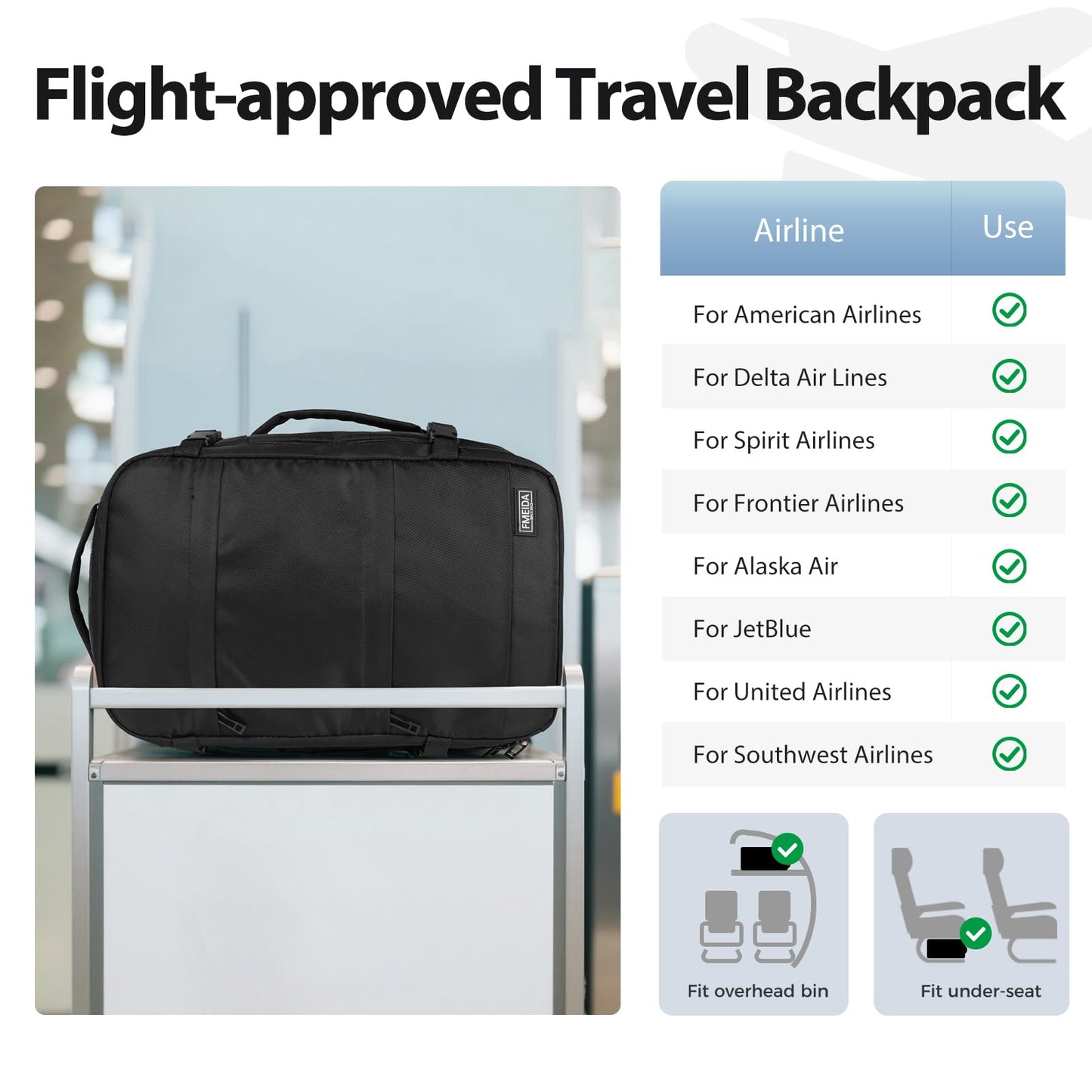 Fmeida Travel Backpack 14'' Laptop Carry on Luggage Backpack for Airplanes, Flight Approved Underseat Personal Item Travel Bag Airplane for Women Men, Sac a Dos Voyage Cabine Avion 40x20x25 cm, Black