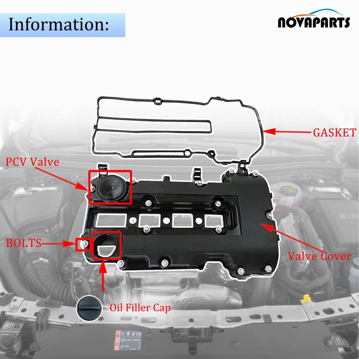 NOVAPARTS 1.4L Turbo Engine Valve Cover with Gaskets & Bolts & Oil Filler Cap Set for 2011 2012 2013 2014 2015 2016 Chevy Cruze 2011-2021 Chevy Sonic Trax Volt Buick Encore 264-968 25198874 55573746