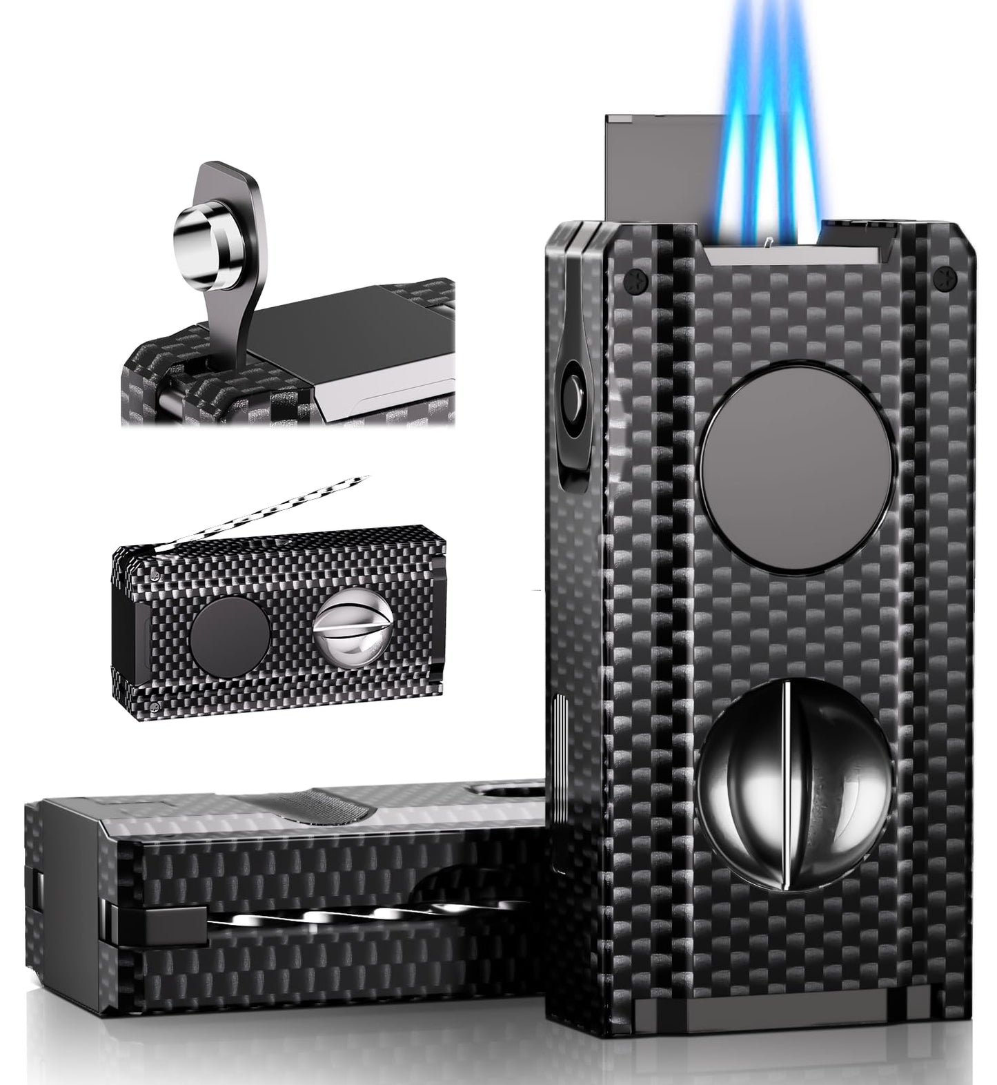 5-in-one Cigar Lighter with V-Cut Cigar Cutter, Cigar Punch, Cigar Draw Enhancer, Cigar Holder, Refillable Butane Triple Windproof Flames Torch Lighter, Cigar Accessories Tool, Cigar Gifts for Men