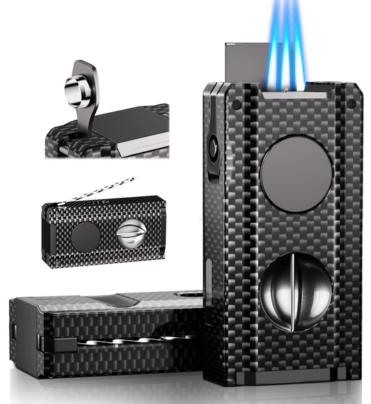 5-in-one Cigar Lighter with V-Cut Cigar Cutter, Cigar Punch, Cigar Draw Enhancer, Cigar Holder, Refillable Butane Triple Windproof Flames Torch Lighter, Cigar Accessories Tool, Cigar Gifts for Men