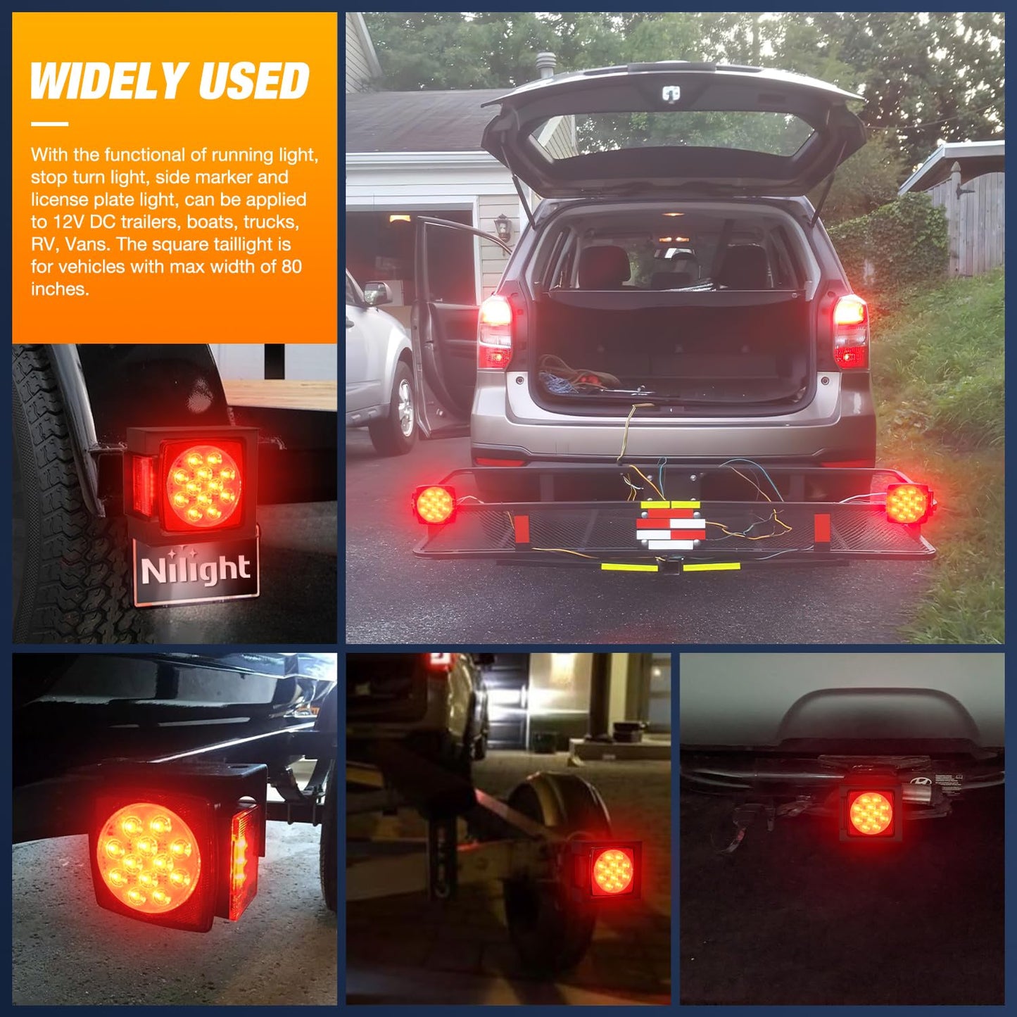 Nilight LED Trailer Light Kit 2 PCS Square Stop Turn Tail Side Marker Lights Steel Mounting Box License Plate Bracket Submersible IP68 For 12V Utility Boat Camper RV Truck