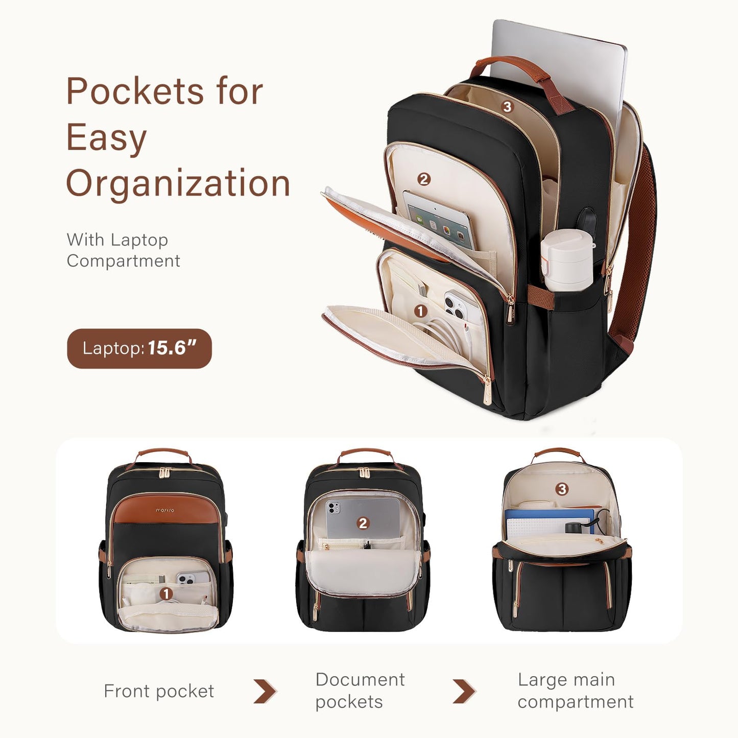 MOSISO Laptop Backpack for Women, 15.6 inch Laptop Bag with USB Charging Port&Front Pocket, Carry on Computer Bag Travel Backpack Casual Daypack for Office College Work Business, Black