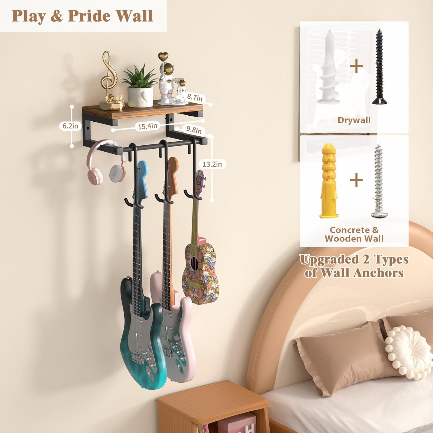 Guitar Wall Mount Hangers Holds 3 Guitars with Rustic Shelf, 3-Detachable Guitar Stand Hooks Universal Fit for Acoustic, Electric, Bass & Ukulele