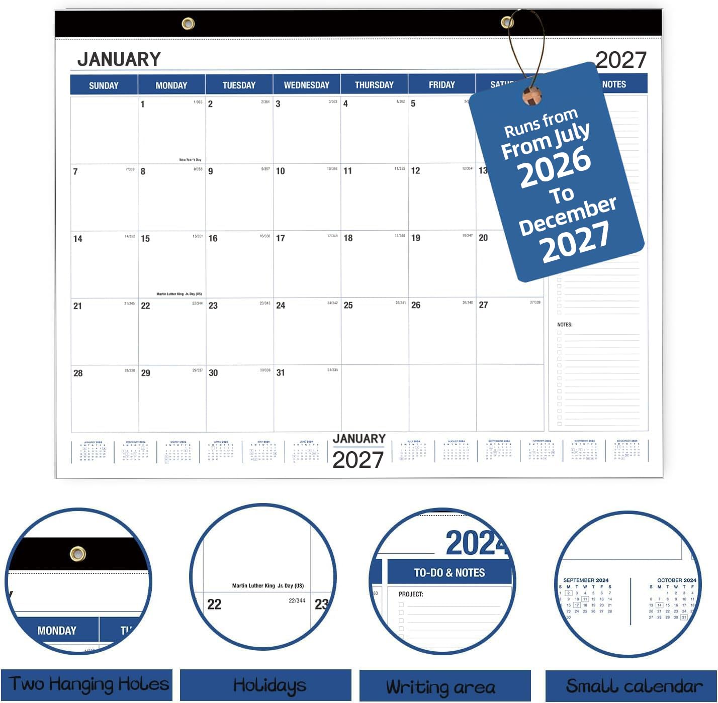 Large Wall Calendar 2026.7-2027.12: Desk Calendar 21.96 x 16.96 Inches,Large Desk Calendar Runs From July 2026 - December 2027 for Home Office Planning and Organizing Family Planner with Notes, Pocket (Simple Style)