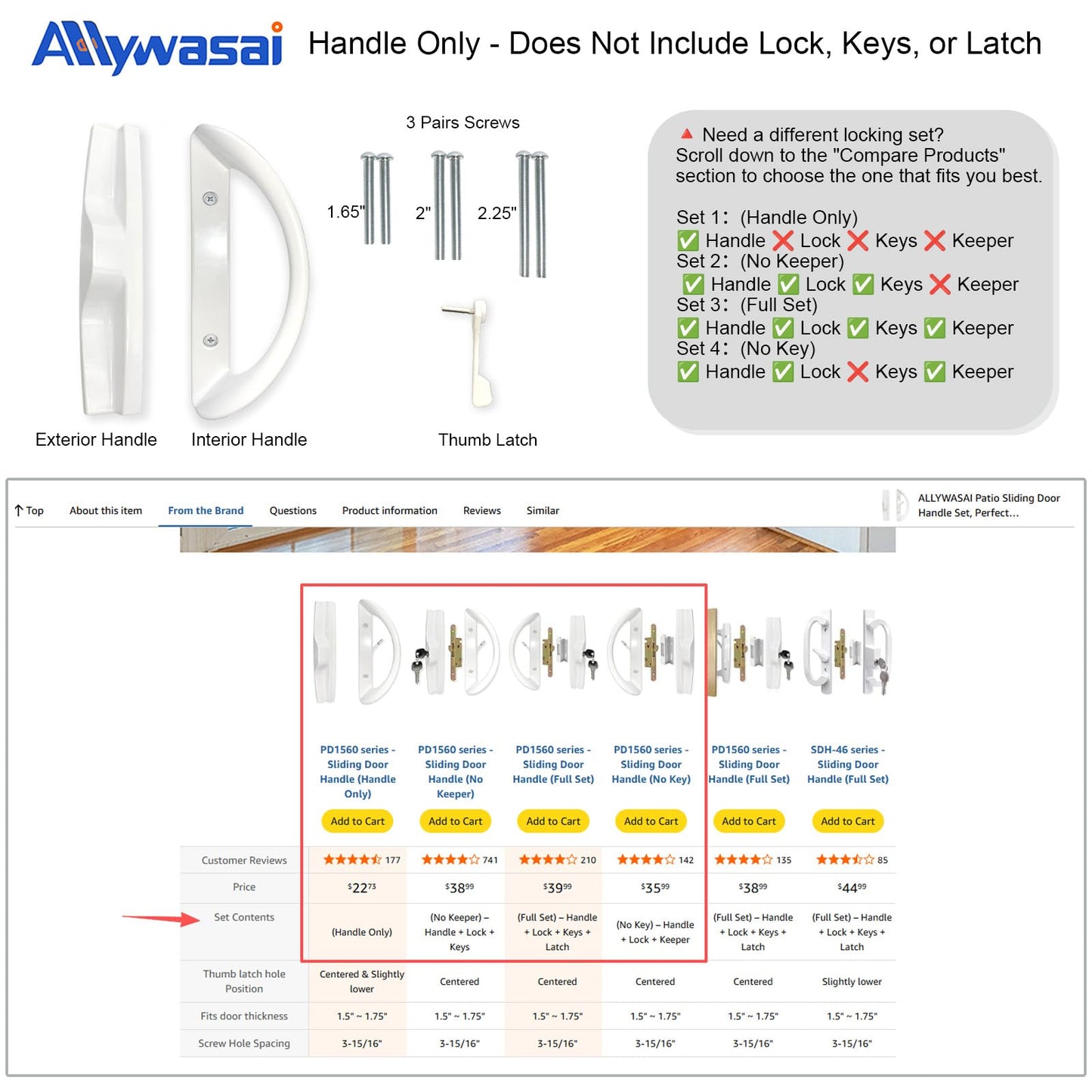 Patio Sliding Door Handle Set, Perfect Replacement Mortise Style Handle Set Fits Door Thickness from 1-1/2" to 1-3/4", 3-15/16" Screw Hole Spacing, Non-Keyed (White)