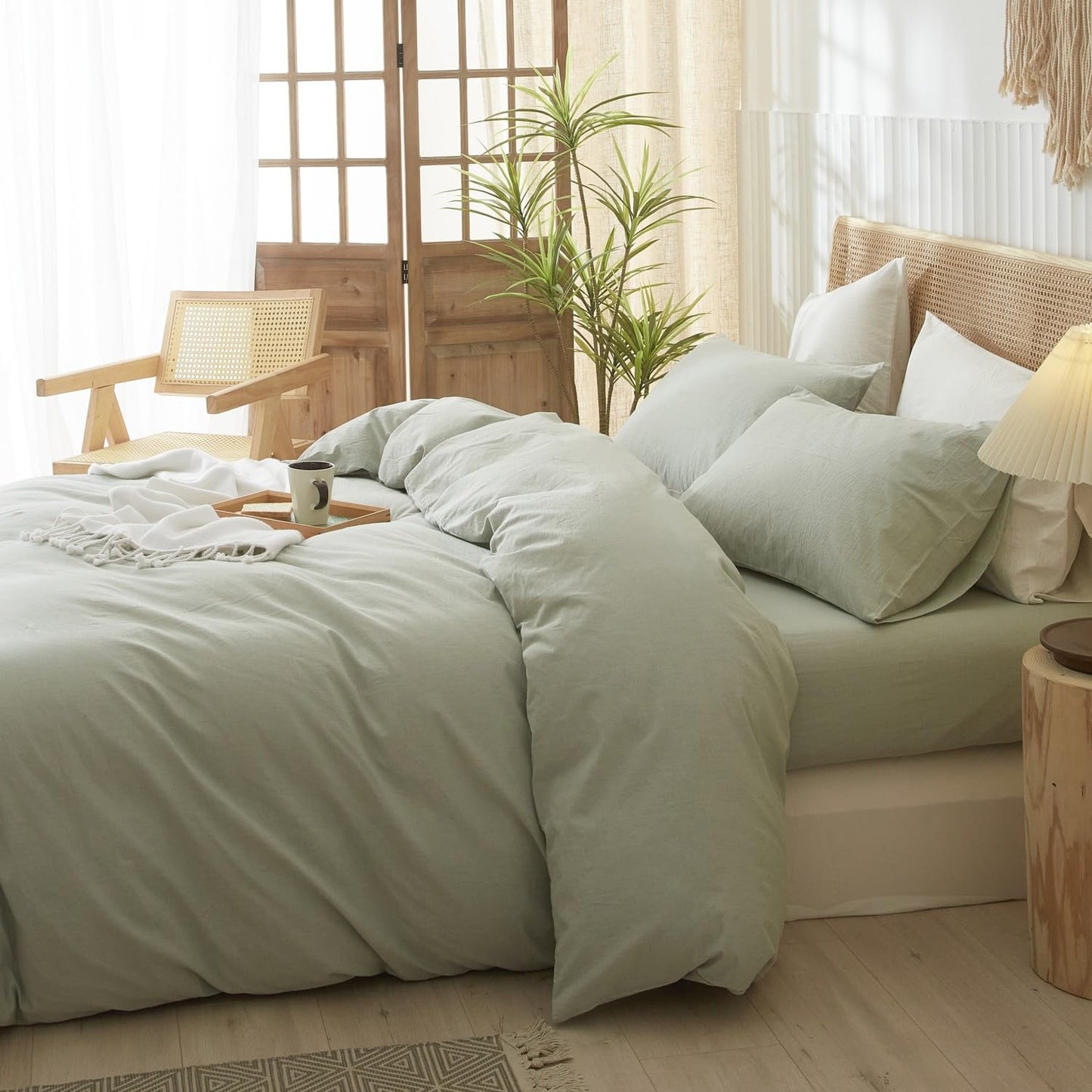 LIFETOWN 100% Washed Cotton Duvet Cover Set Linen Feel Natural Wrinkle Lightweight Comfy (Twin, Sage Green)