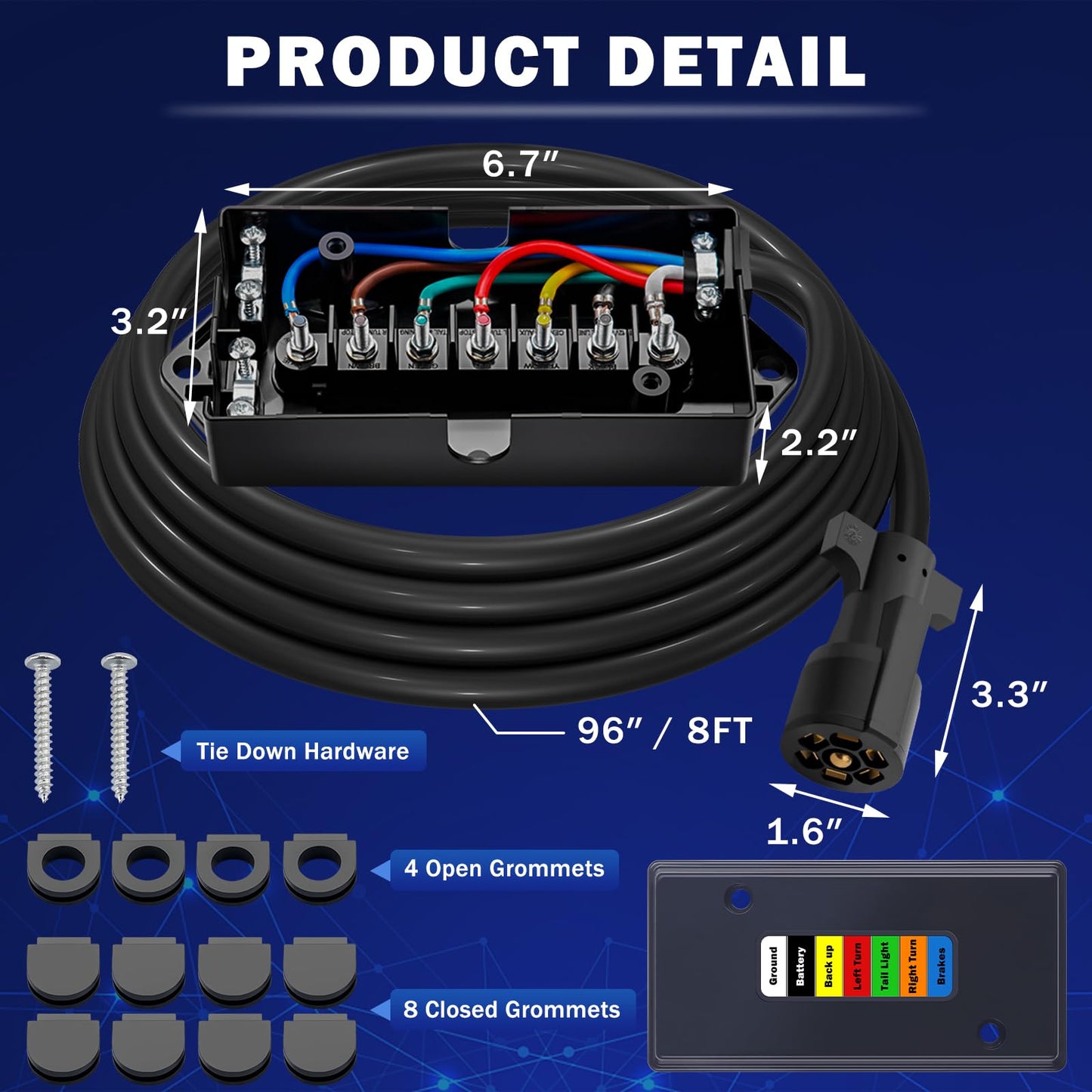 CheeMuii 7 Way Trailer Wiring Harness Kit 8 FT Trailer Cord with 7 Pin Trailer Plug and Junction Box Kit Premium Light and Brake Wiring Wires for Trailer RV