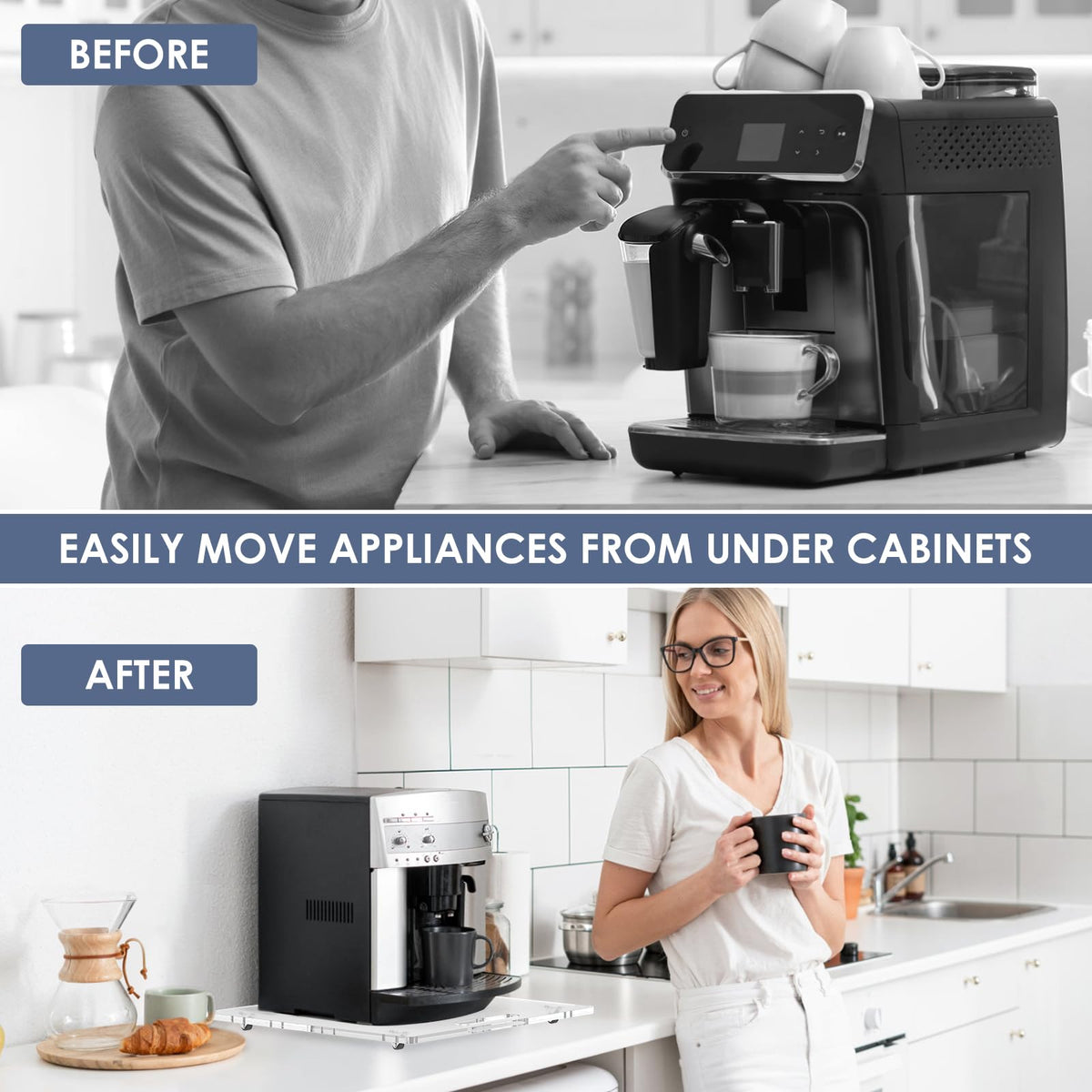 PUDASTO Appliance Sliders with Rubber Wheels, 14" x 13" Acrylic Coffee Pot Slider Tray for Countertop Moving, Sliding Tray for Coffee Maker, Stand Mixer, Toaster & Heavy Kitchen Appliances (Clear)