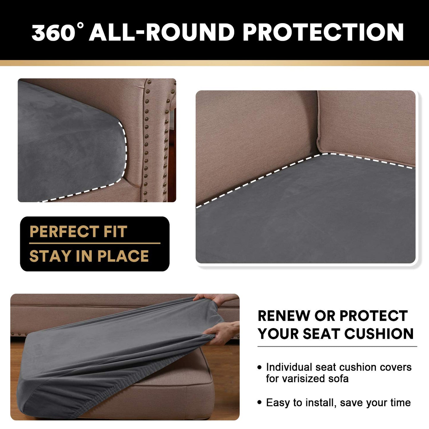 Stretch Velvet Couch Cushion Covers for Individual Cushions Sofa Cushion Covers Seat Cushion Covers, Thicker Bouncy with Elastic Edge Cover up to 10 Inch Thickness Cushions (3 pieces, Grey)