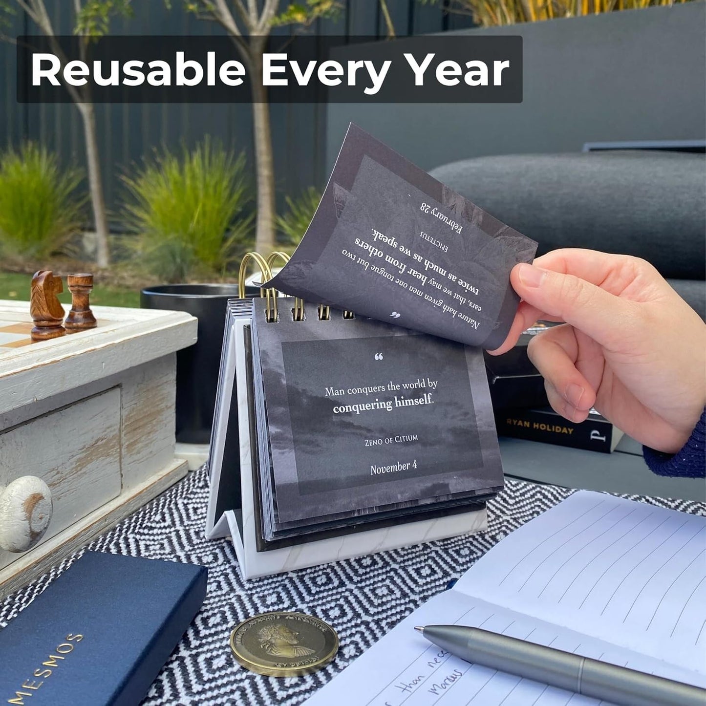 MESMOS 366 Daily Stoic Calendar for Men - Inspirational Gifts with Marcus Aurelius Coin, Perpetual Desk Decor & Affirmations, Fathers Day Gift for Dad, Husband, Coworker, Office Present