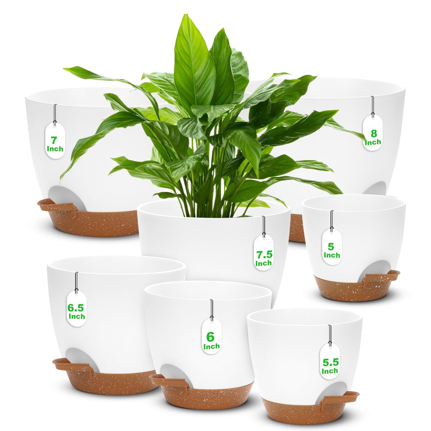 Self Watering Planter Set, 7Pack Medium Plastic Pot with Mesh Drainage Holes and Removable Reservoir Saucers, Modern 8+7.5+7+6.5+6+5.5+5 Inch Bottom Watering Flower Pots for Indoor Plants - White
