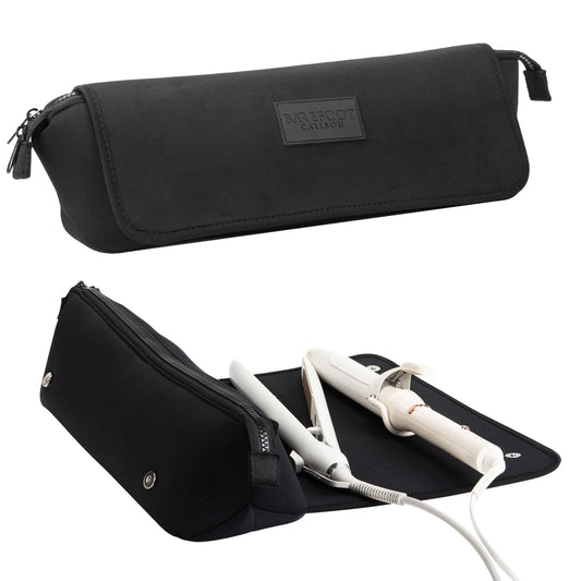 BAREFOOT CARIBOU Hair Tools Travel Bag and Heat Resistant Mat for Flat Irons, Straighteners, Curling Iron, and Haircare Accessories, 2-in-1 Design, with Interior Pockets, Portable Organizer (Black)