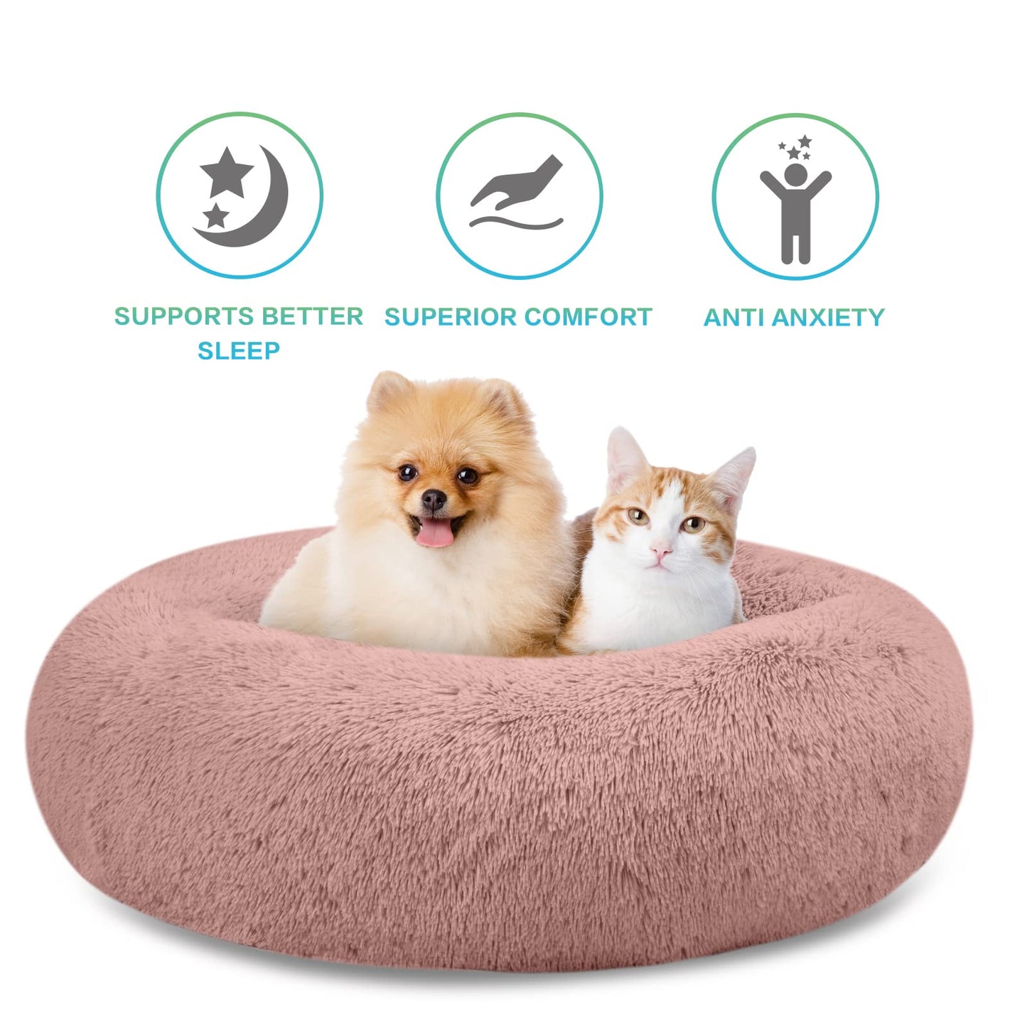 SAVFOX Plush Calming Dog Beds, Donut Dog Bed for Small Dogs, Medium, Large, X-Large & XX-Large, Comfy Cuddler Dog Bed and Cat Bed in Faux Fur, Washable Dog Bed, Multiple Sizes S-XXL