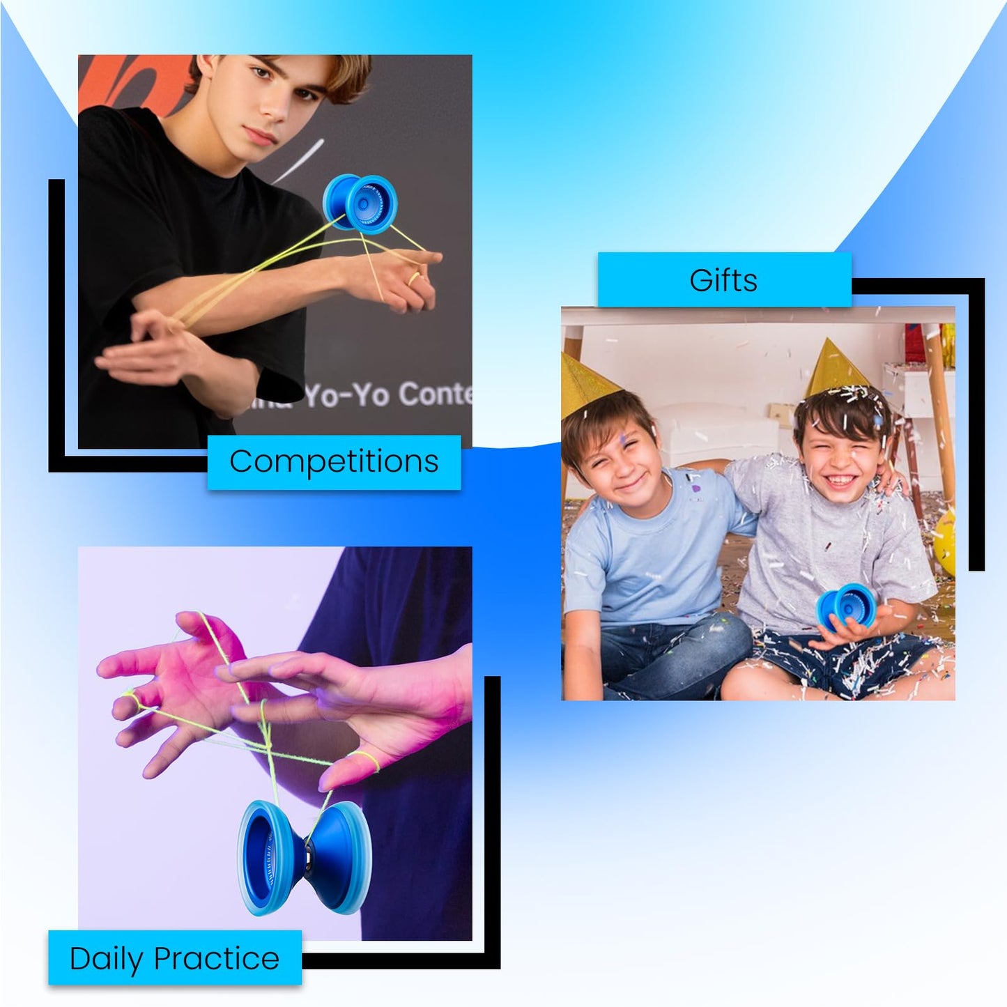 MAGICYOYO V13 DEEPSPIN Bi-Material Yoyo for Kids 8-12, Dual-Function Yoyo Professional for All Skill Levels, Trick Yo-yo with 12 Yoyos Strings, Finger Brace, Bearing Kit (Blue+Blue Rings)