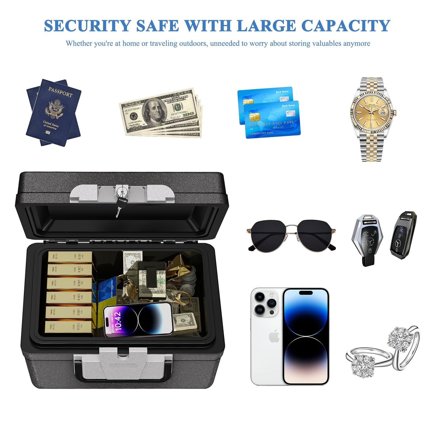 WASJOYE Portable Large Capacity Safe Box, Fireproof Waterproof Safe with Key Lock & Carry Handle, Cash, Medicine, Passport, Jewelry Storage, Security Lock box for Home Travel Hotel, 0.5 Cubic Feet
