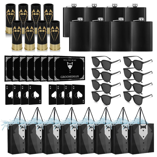 56Pcs Groomsmens Gifts Set of 8, Groomsmen Proposal Gift with Stainless Steel Flask Shot Glasses Poker Card Opener Sunglasses Thoughtful Cards Gift Bag with Crinkle Paper for Bachelor Wedding Party