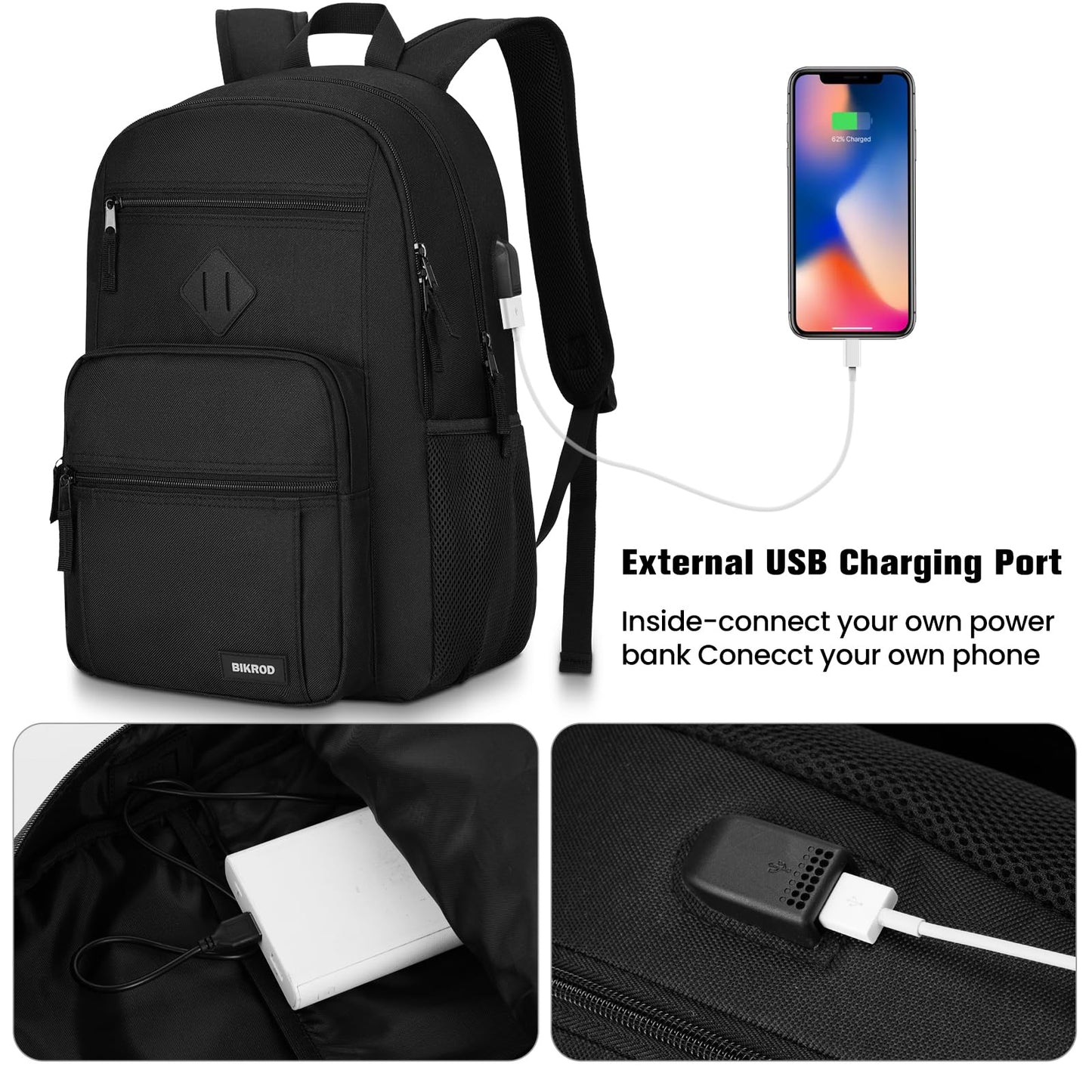 Black Backpack for Men and Women, Backpack for School Teens Boys and Girls, Lightweight Casual High School Bookbag (Black, 15.6 Inch)