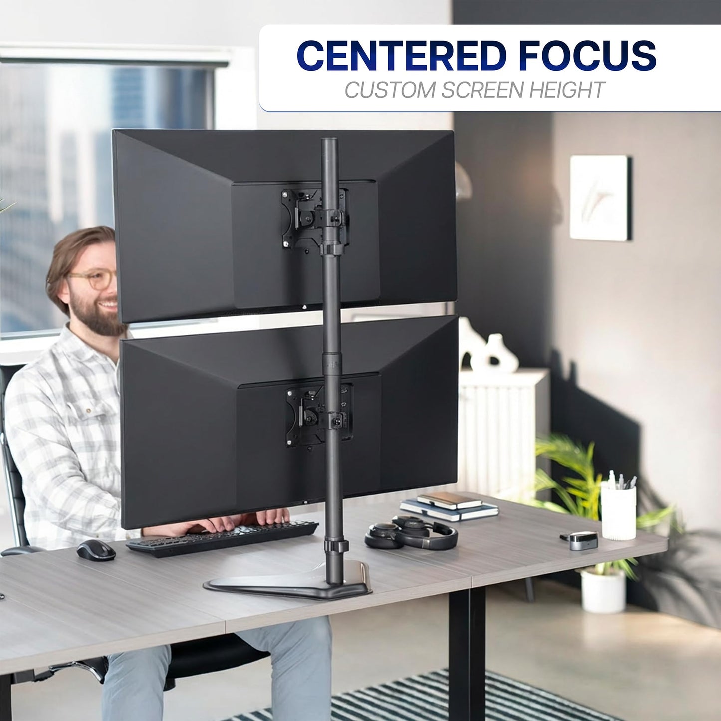 VIVO Dual Monitor Desk Stand Free-Standing LCD Mount, Holds in Stacked Vertical Position 2 Ultrawide Screens up to 34 inches, Black, STAND-V002L