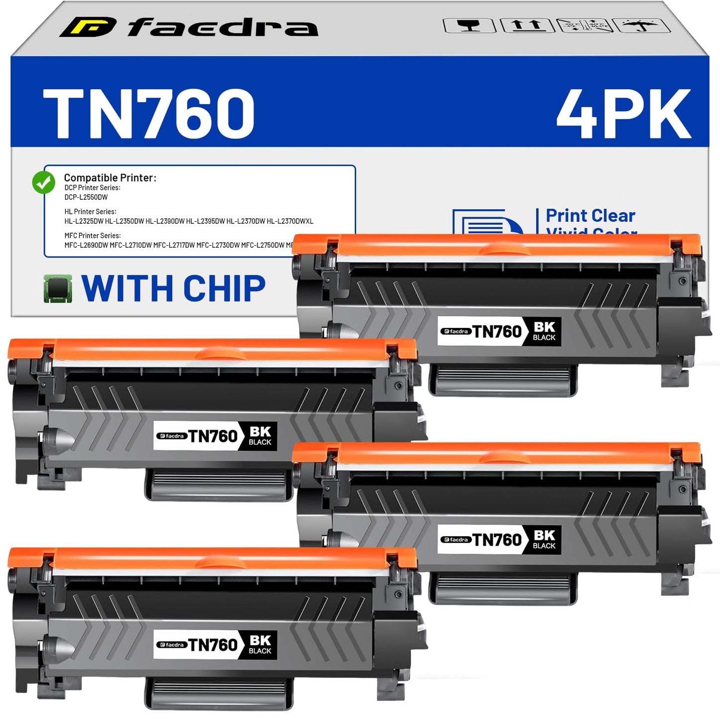 TN760 Toner Cartridges (with Chip) Replacement for Brother TN760 TN730 Toner Cartridges TN-760 use with DCP-L2550DW MFC-L2710DW HL-L2370DW HL-L2390DW MFC-L2750DW HL-L2390DW HL-L2350DW Toner (4 Black)