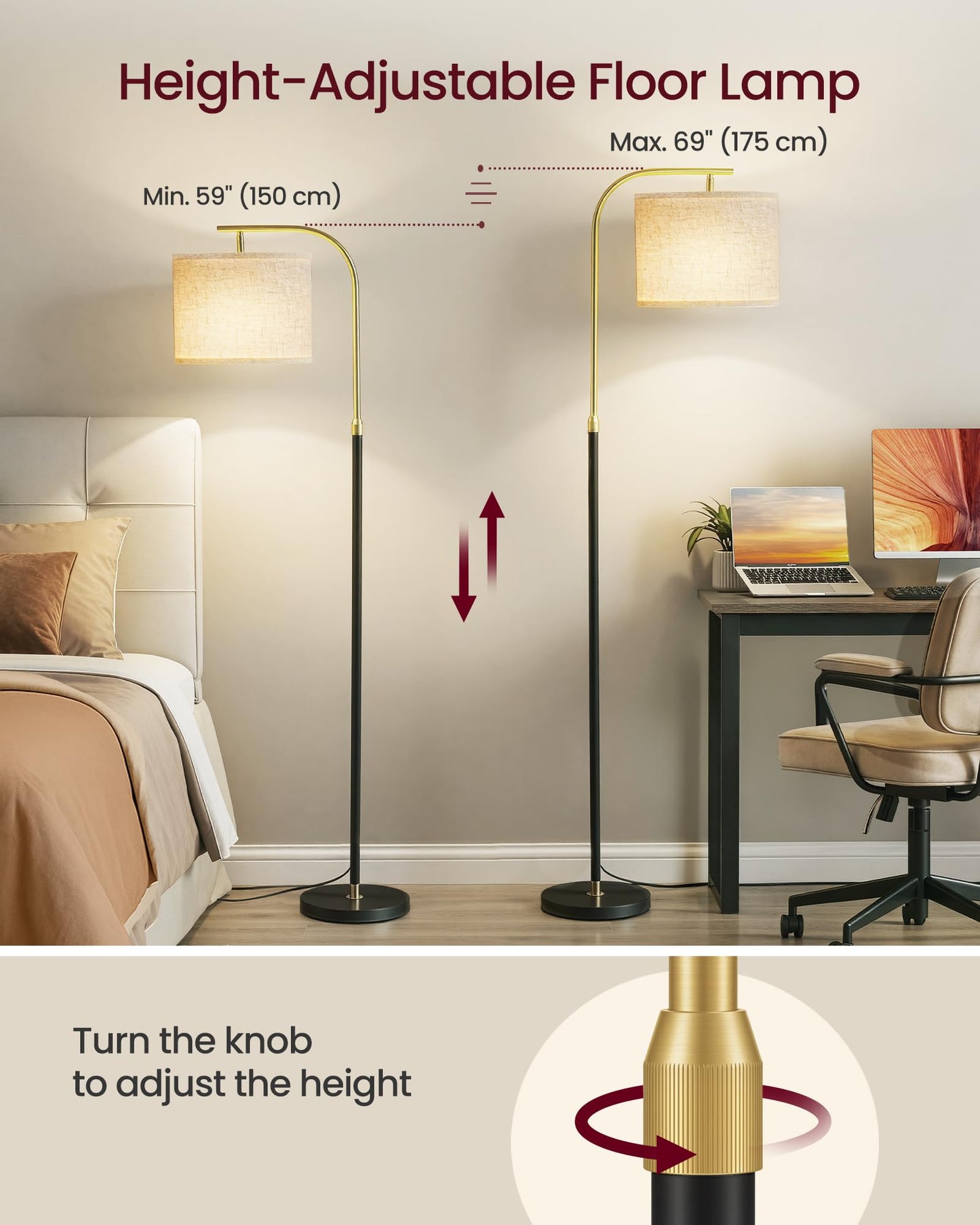 VASAGLE Floor Lamp for Living Room, Modern Arc Standing Lamp, Adjustable Height 150-175 cm, with Foot Switch, Fabric Lampshade, E27 Socket, Ink Black LFL006BD01