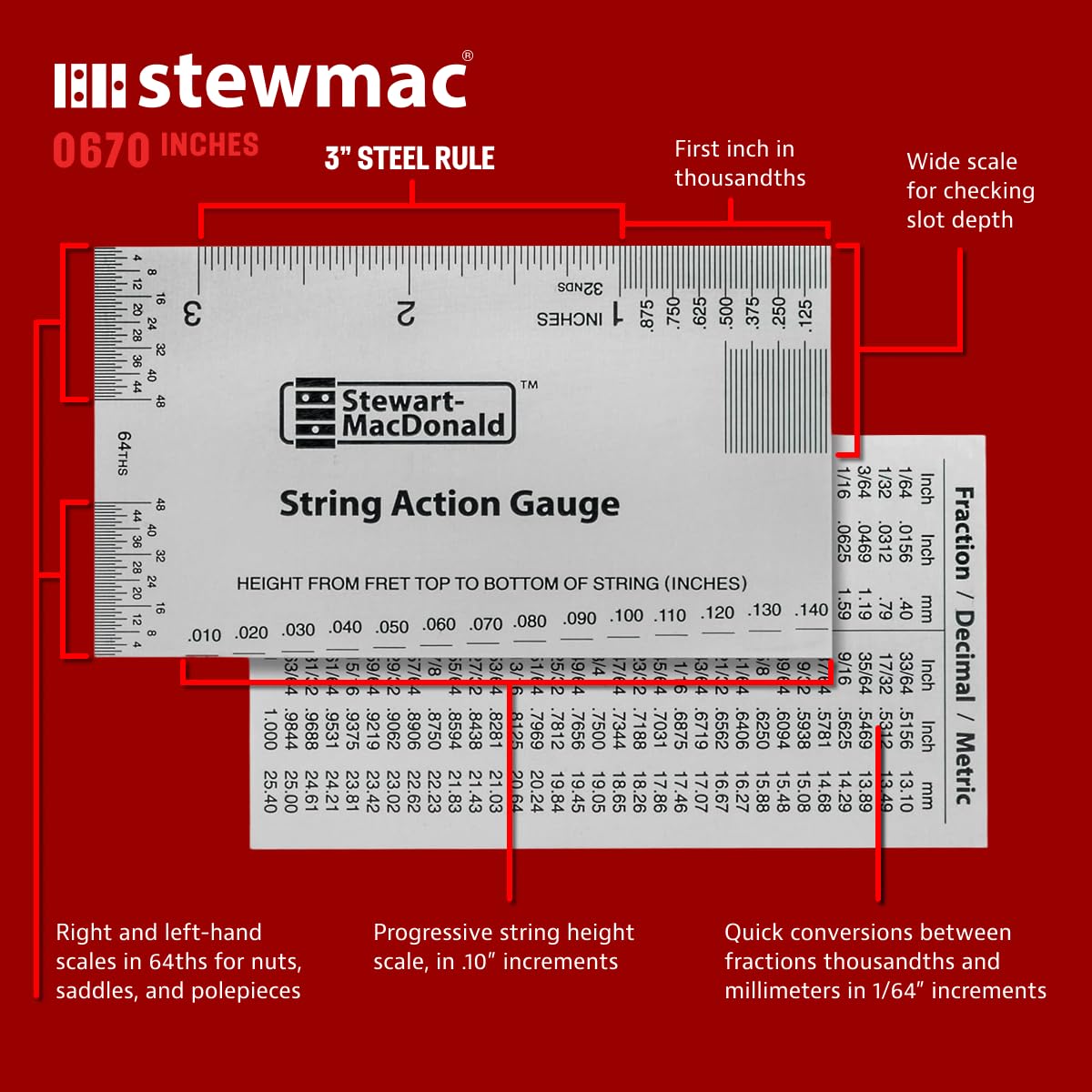 StewMac String Action Gauge And Ruler, Inches, Stainless Steel - Designed by StewMac, The Original measuring tool for acoustic and electric guitar, and bass setup