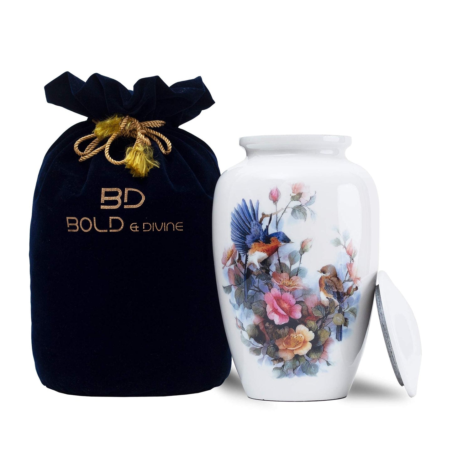 BOLD & DIVINE Birds Cremation Urn | Human Ashes Adult Memorial urn, Burial, Funeral Cremation Urns | 200 Cubic Inches (Large/Adult Urn) with Unique Velvet Bag
