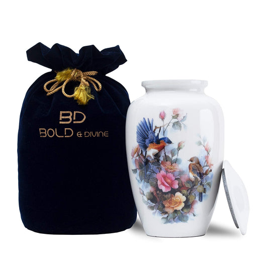 BOLD & DIVINE Birds Cremation Urn | Human Ashes Adult Memorial urn, Burial, Funeral Cremation Urns | 200 Cubic Inches (Large/Adult Urn) with Unique Velvet Bag