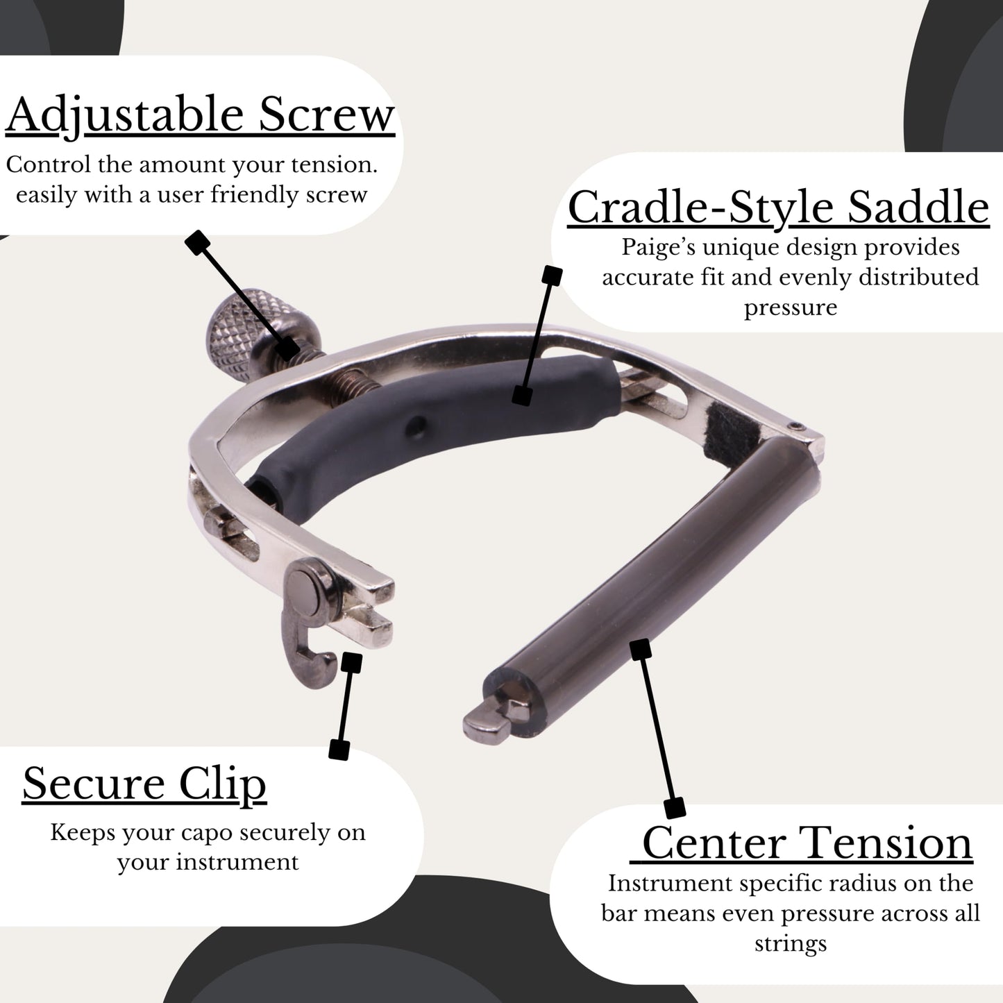 Paige 6-string Standard Guitar Capo - Made in the USA - Satin Nickel