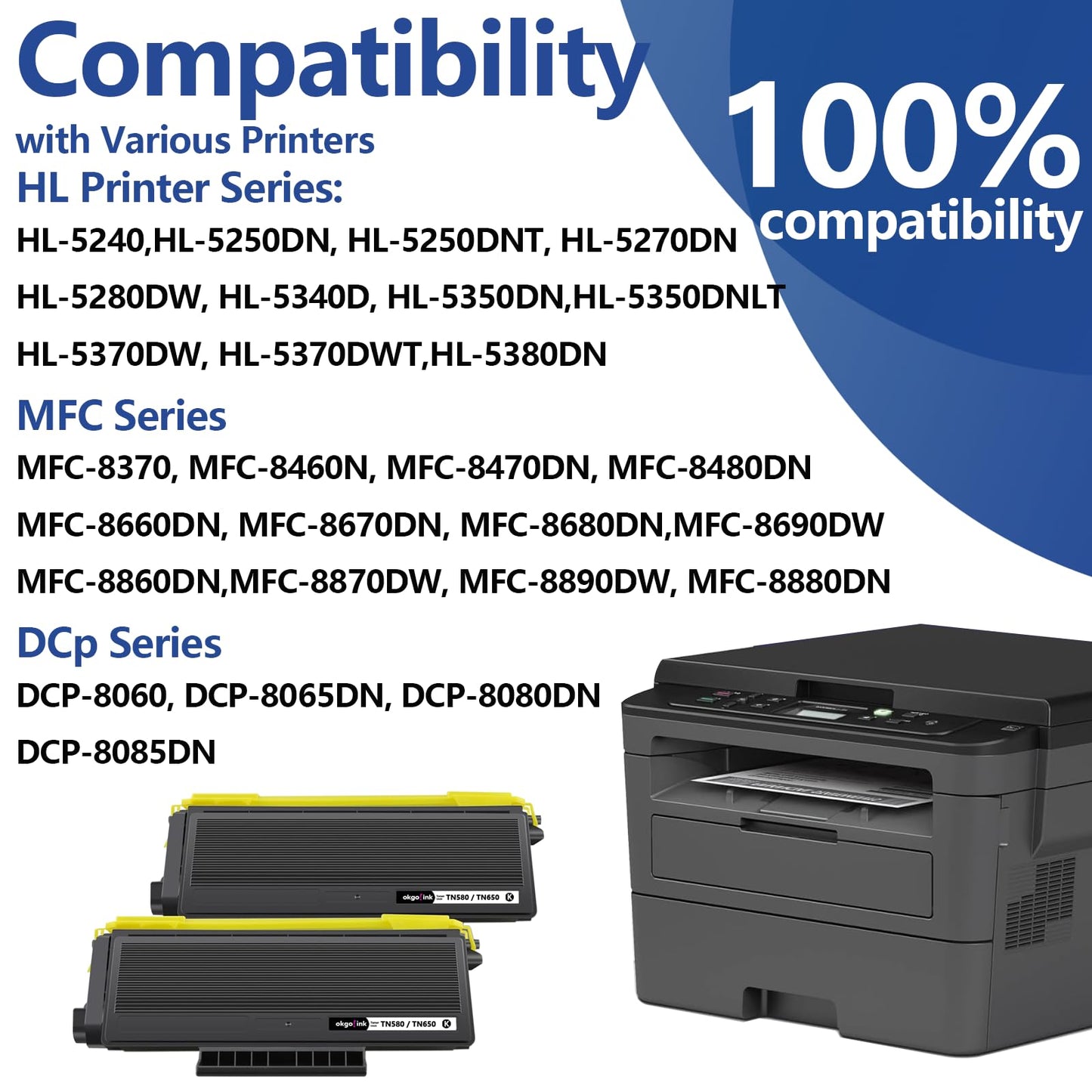 OKGO Compatible TN580 TN650 Toner Cartridge Replacement for Brother TN620 TN550 TN-580 TN-620 TN-650 HL-5370DW 5240 5340D 5250DN,DCP-8060 8065DN,MFC-8660DN 8460 8480 8680 ( High Yield ,Black 2 Pack )