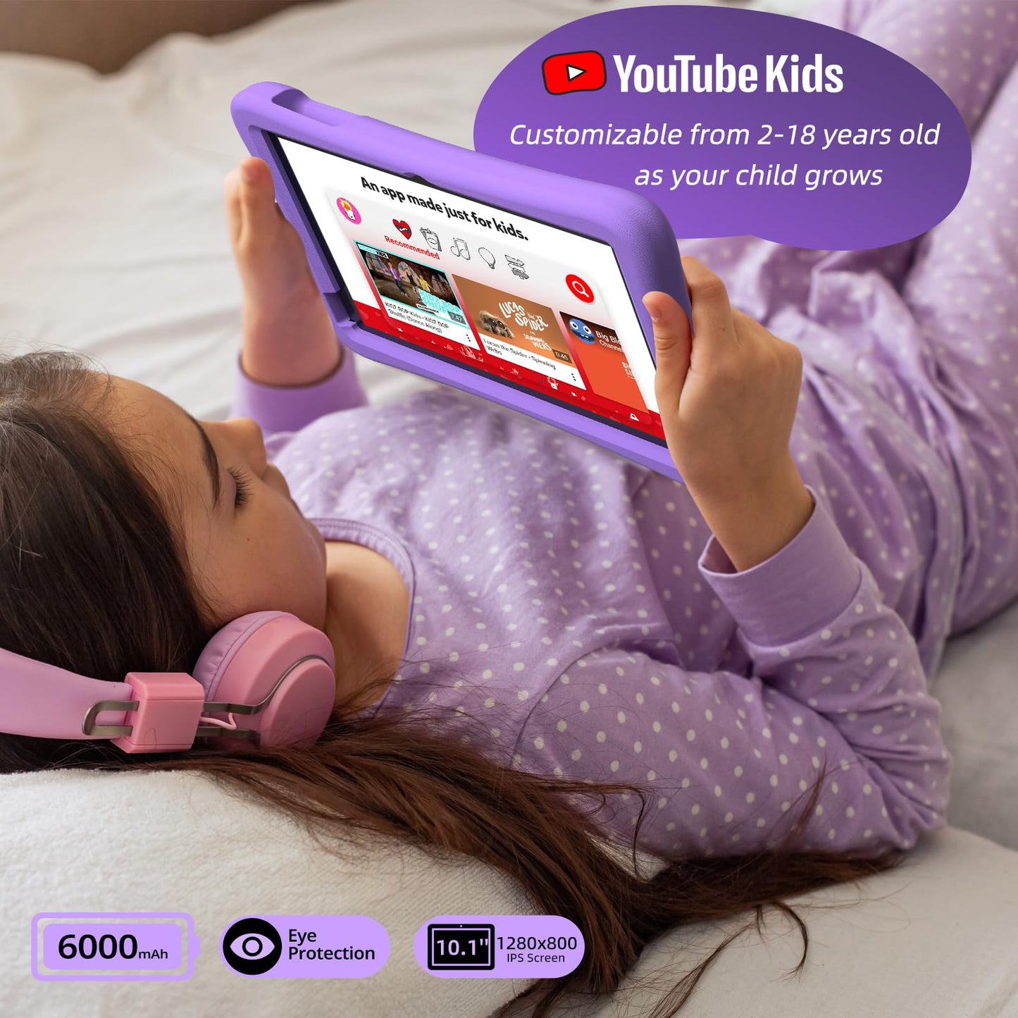 2025 Upgraded Kids Tablet, 10 Inch Android 15 Tablet for Kids with EVA Shockproof, 8-Core, 12(4+8) GB RAM 64GB Storage, Kids Space, Parental Control, WiFi, BT, Plimpton Kids20 (Purple)