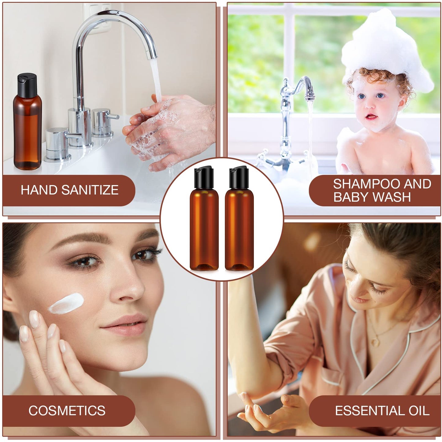 50 Pieces 4oz Plastic Squeeze Bottles with Disc Top Flip Cap Empty Amber Refillable Containers Small Travel Toiletry Bottles for Lotion Shampoo Oil Body Soap Creams